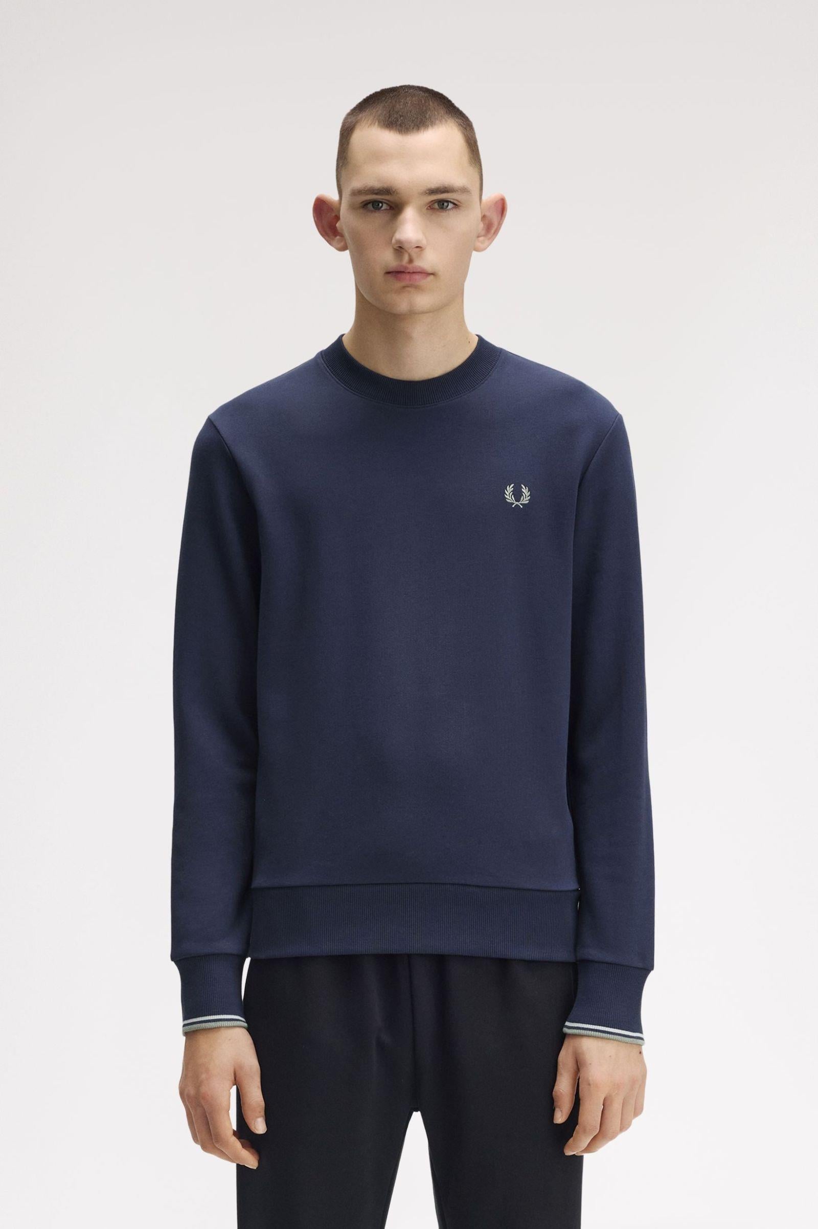 Fred Perry Fred Perry Erkek Normal Kalıp Yuvarlak Yakalı Logo İşlemeli Pamuk Karışımlı Uzun Kollu Mavi Sweatshirt M7535-Z47