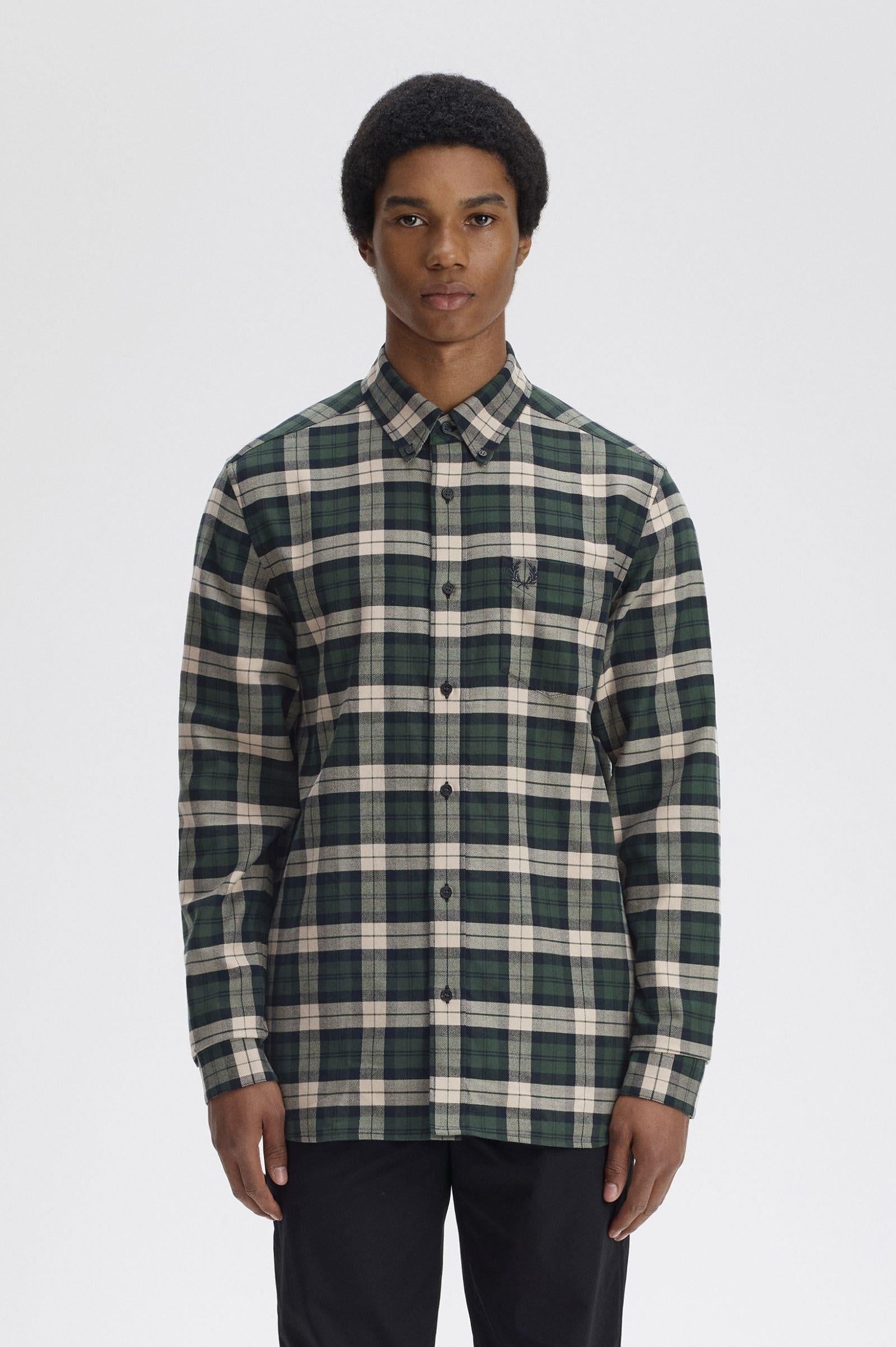 Fred Perry Fred Perry Erkek Normal Kalıp Kare Desenli Pamuklu Uzun Kollu Yeşil Gömlek M1754-X89