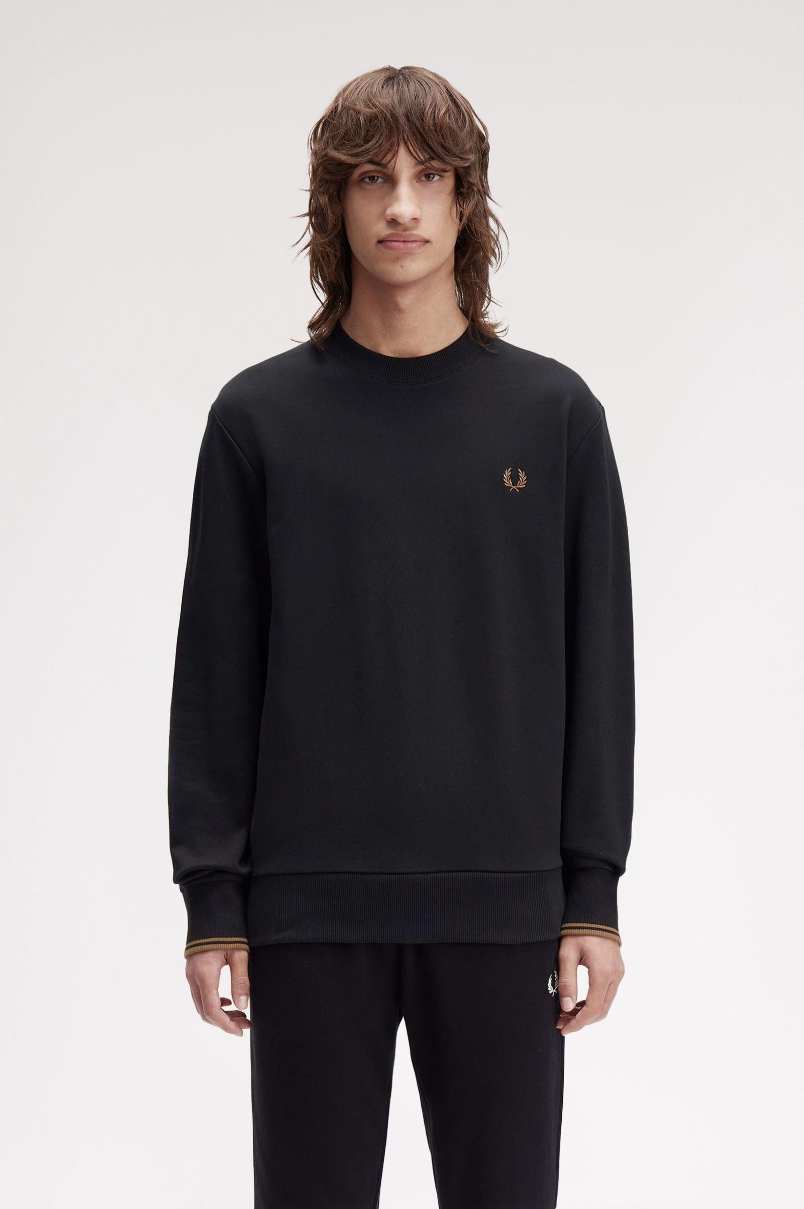 Fred Perry Fred Perry Erkek Normal Kalıp Yuvarlak Yakalı Logo İşlemeli Pamuk Karışımlı Uzun Kollu Siyah Sweatshirt M7535-S77