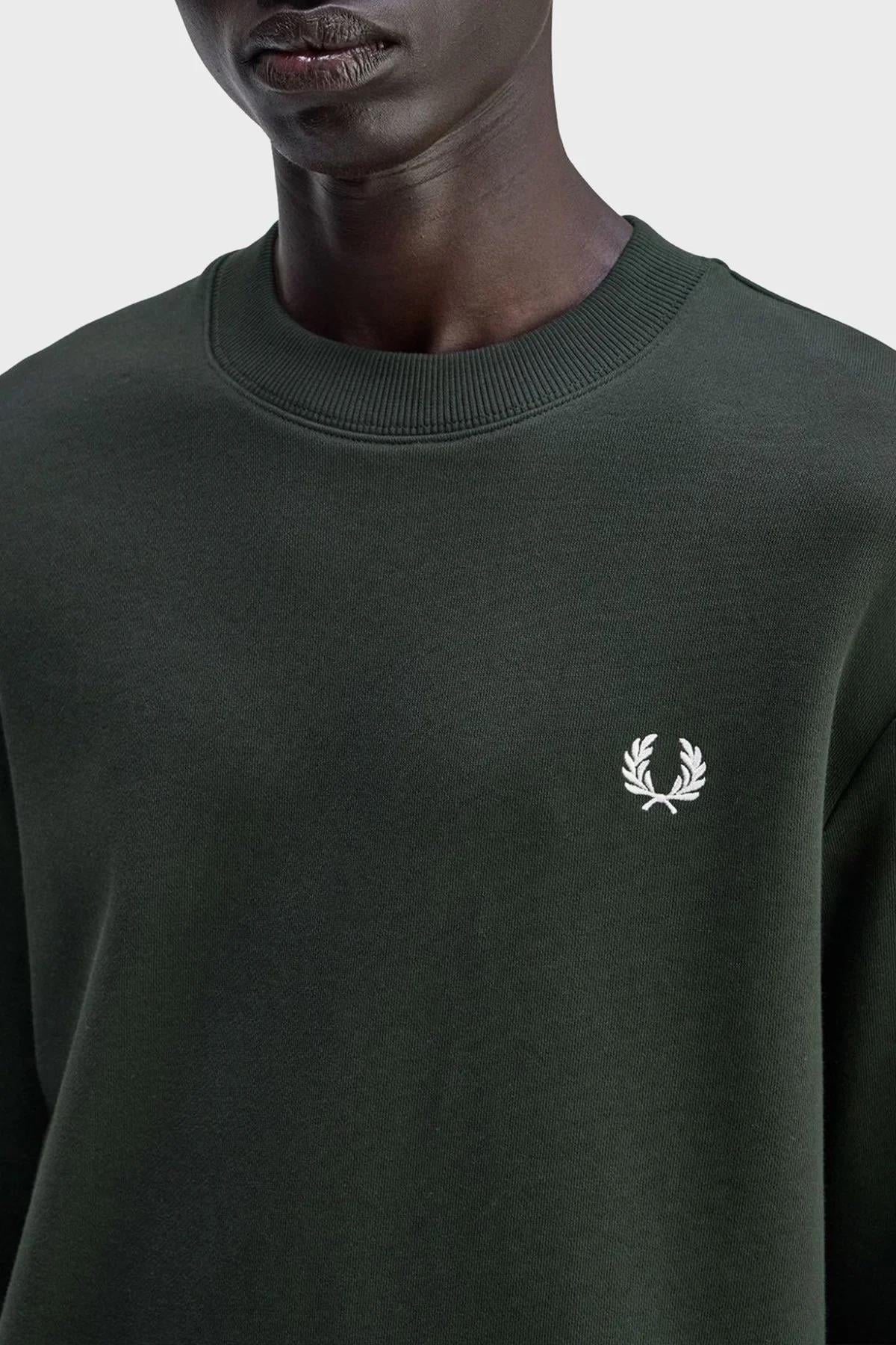 Fred Perry Fred Perry Erkek Normal Kalıp Yuvarlak Yakalı Logo İşlemeli Pamuk Karışımlı Uzun Kollu Yeşil Sweatshirt M7535-T50