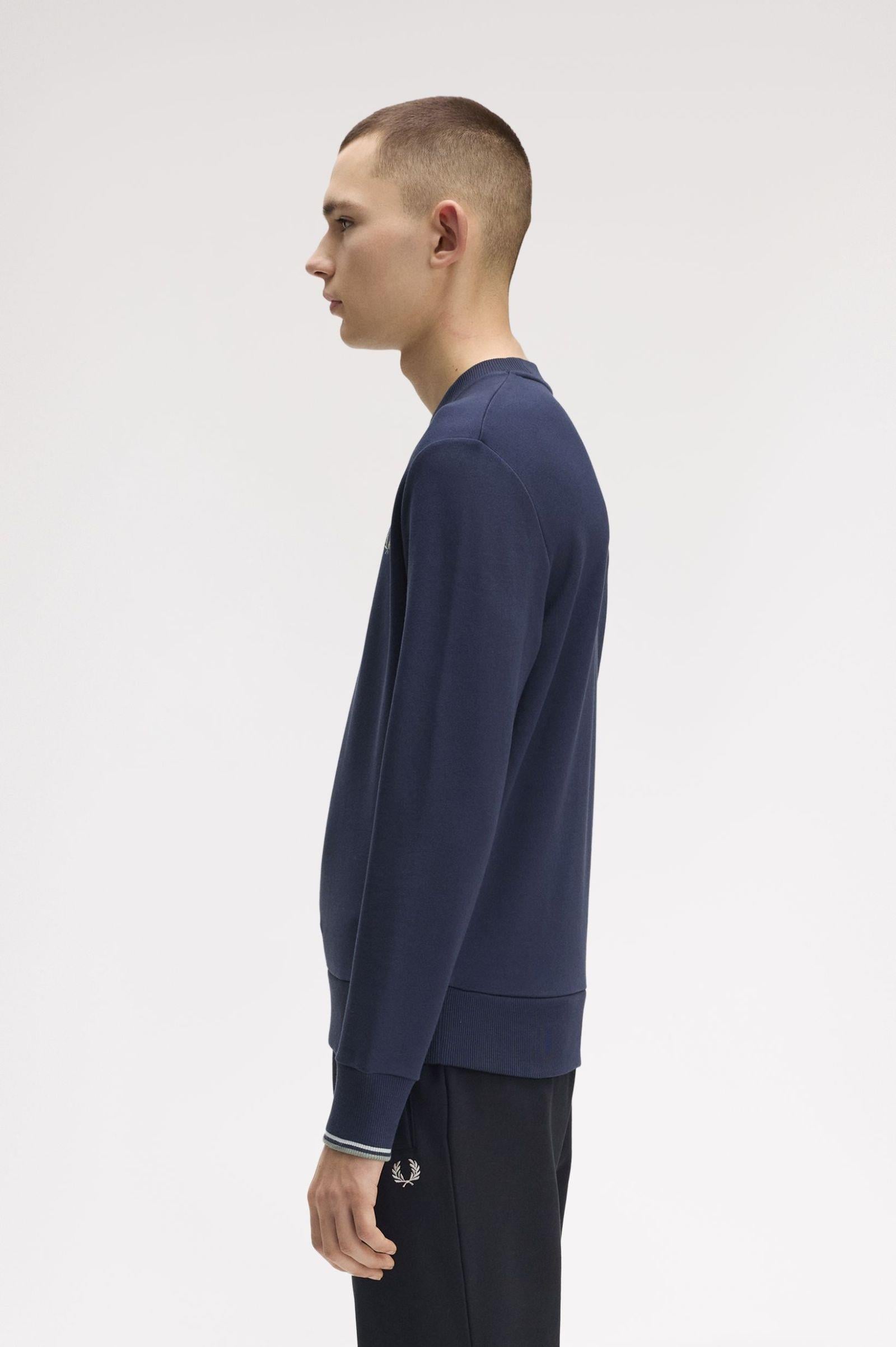 Fred Perry Fred Perry Erkek Normal Kalıp Yuvarlak Yakalı Logo İşlemeli Pamuk Karışımlı Uzun Kollu Mavi Sweatshirt M7535-Z47