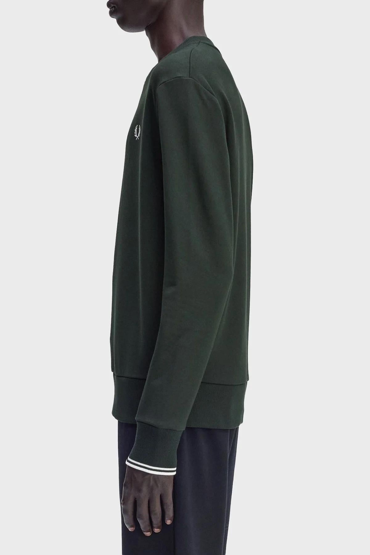 Fred Perry Fred Perry Erkek Normal Kalıp Yuvarlak Yakalı Logo İşlemeli Pamuk Karışımlı Uzun Kollu Yeşil Sweatshirt M7535-T50