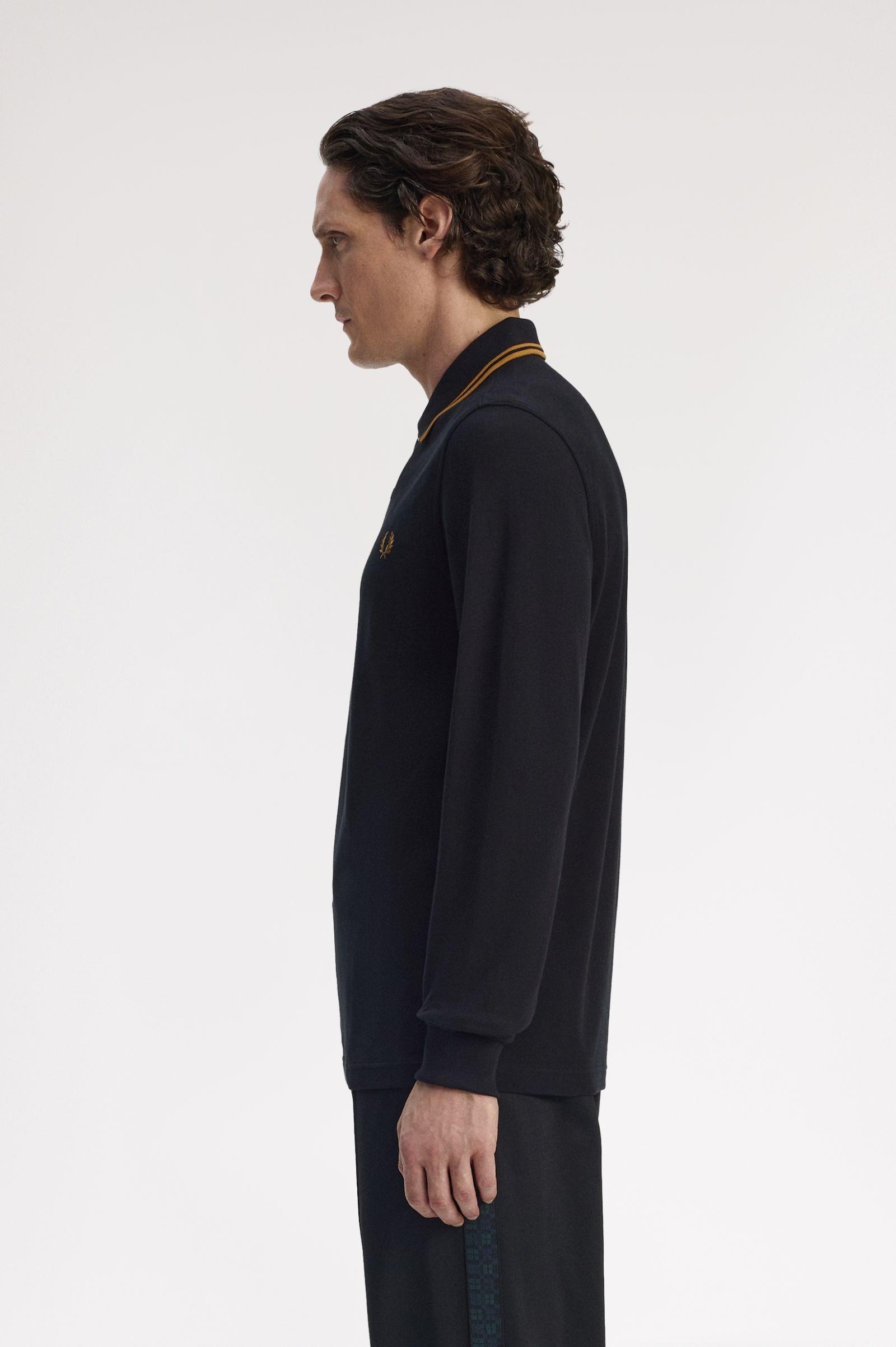 Fred Perry Fred Perry Erkek Regular Fit %100 Pamuklu Yakası Çizgi Detaylı Uzun Kollu Siyah Polo Yaka T-Shirt M3636-S77