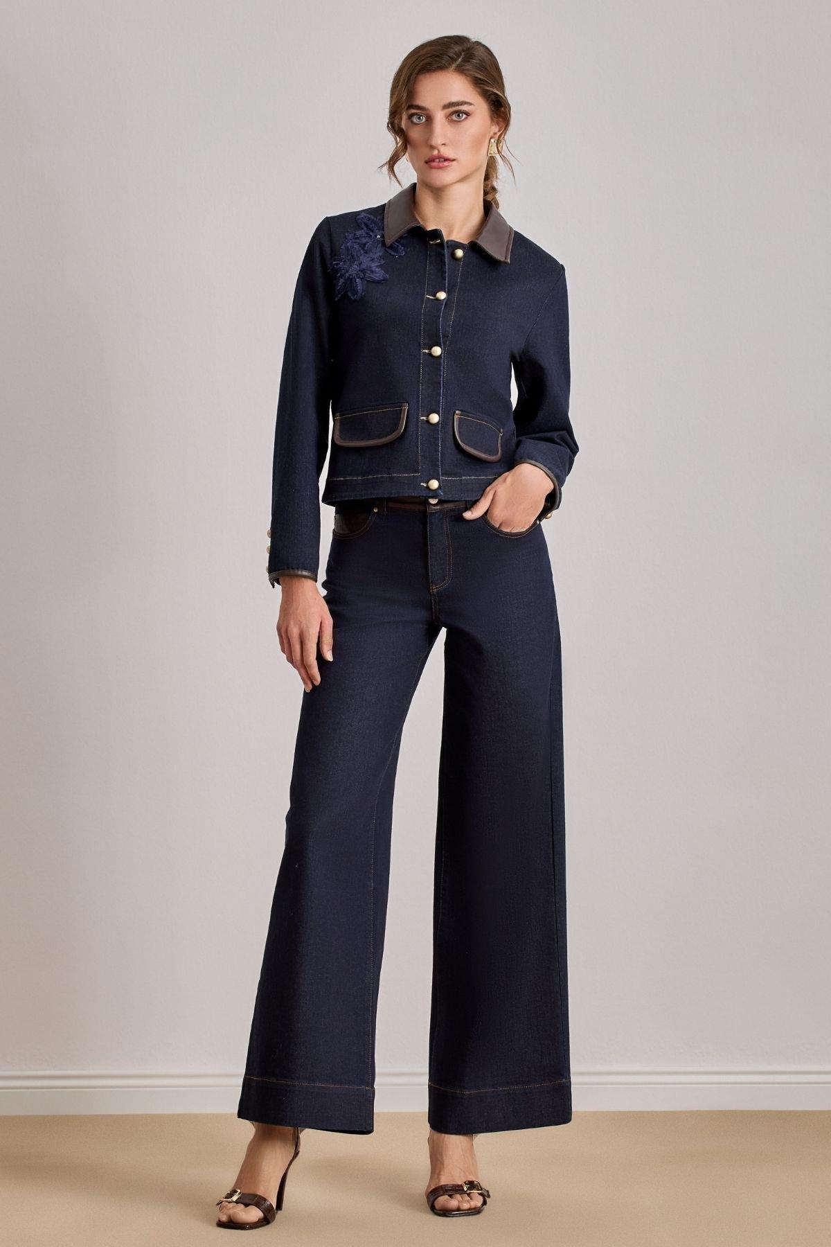 Guitar Guıtar Kadın Normal Kalıp Çiçek Desenli Denim Lacivert Ceket 25541-JACKET-LACİVERT