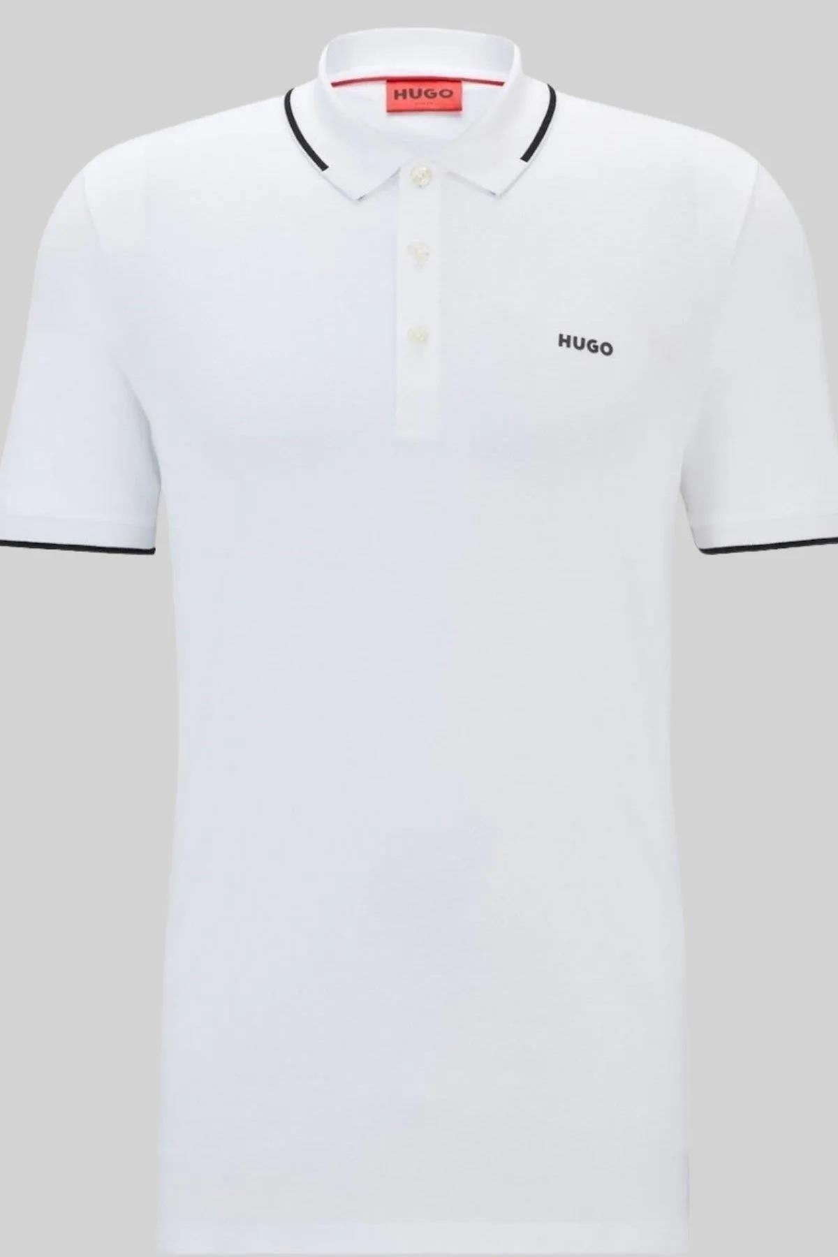 HUGO HUGO Erkek Kısa Kol  Polo Yaka Yaka Ve Kol Uçları Renkli Şerit Kapama Beyaz Polo Yaka T-Shirt 50467344-100