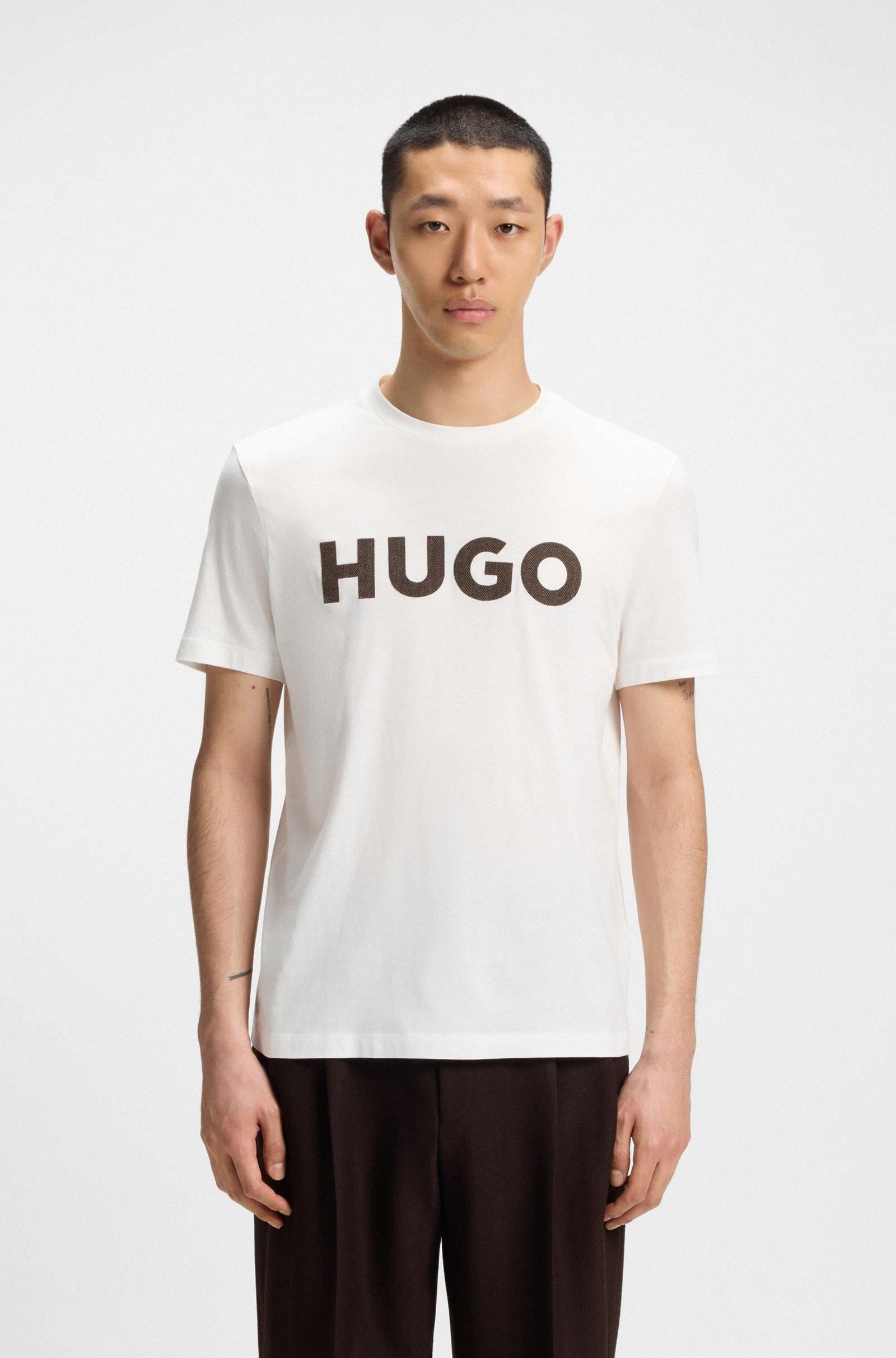 HUGO HUGO Erkek Normal Kalıp %100 Pamuklu Dokulu Logo Desenli Kısa Kollu Beyaz T-Shirt 50542737-102