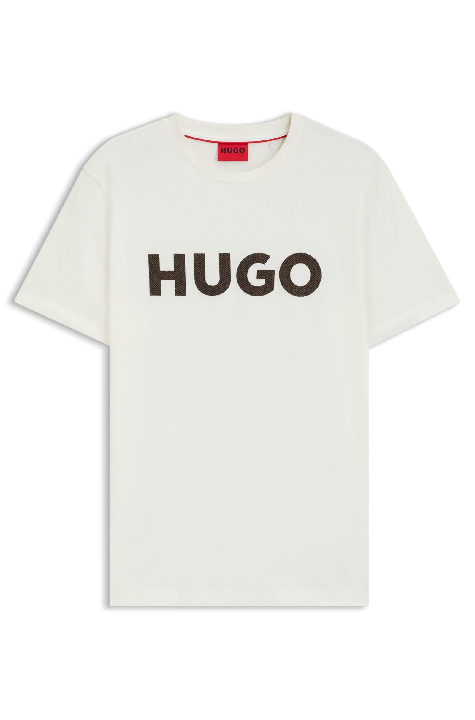HUGO HUGO Erkek Normal Kalıp %100 Pamuklu Dokulu Logo Desenli Kısa Kollu Beyaz T-Shirt 50542737-102