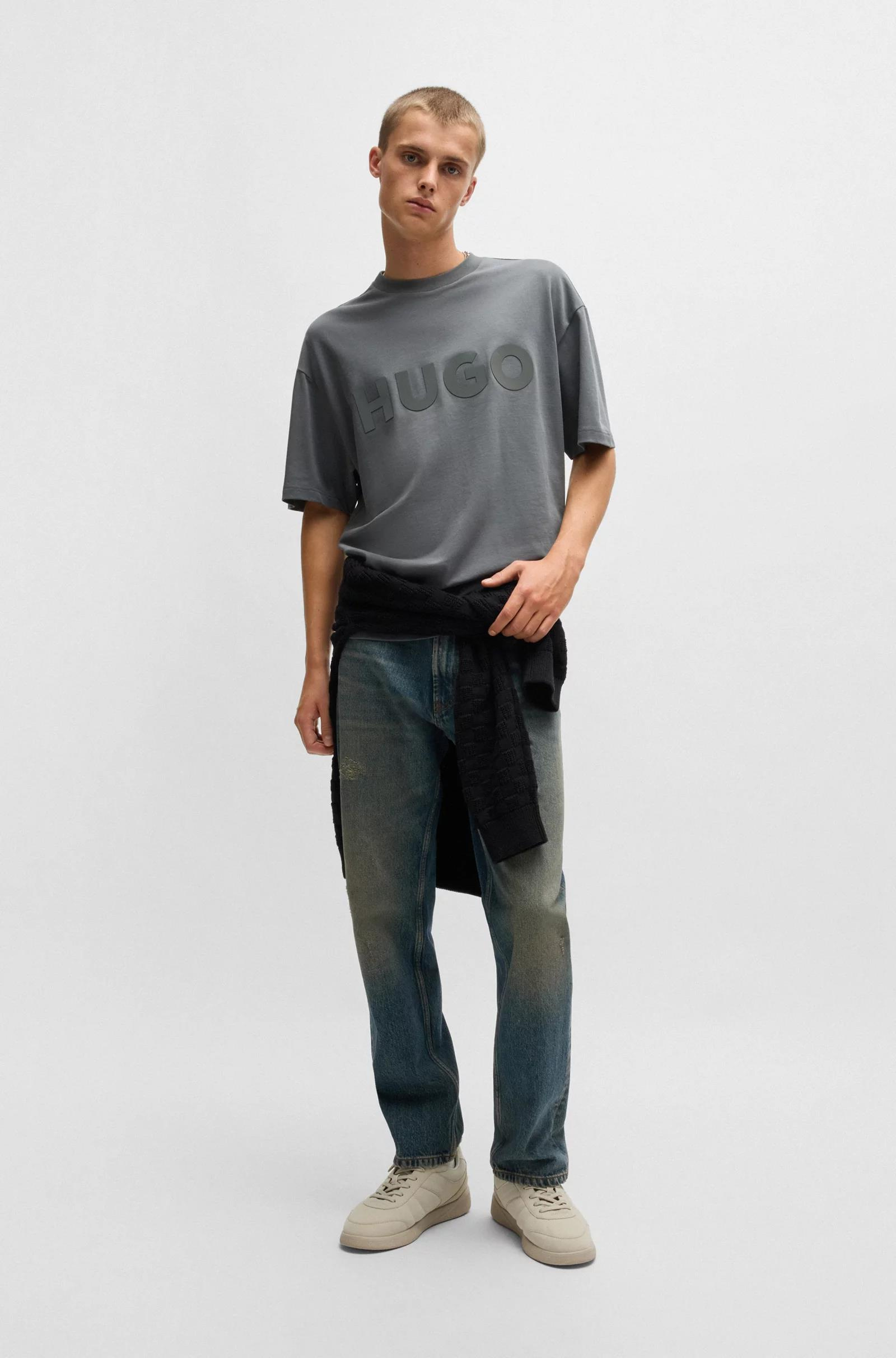 HUGO HUGO Erkek Oversize Büyük Logo İşlemeli Pamuklu Yuvarlak Yaka Kısa Kollu Antrasit T-Shirt 50525765-086