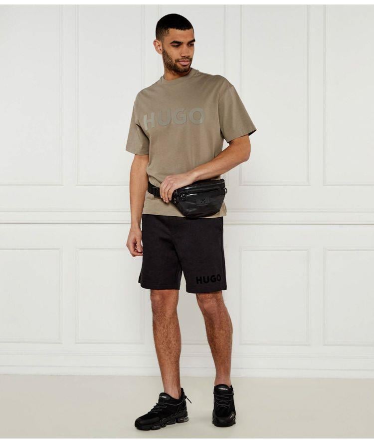 HUGO HUGO Erkek Oversize Büyük Logo İşlemeli Pamuklu Yuvarlak Yaka Kısa Kollu Bej T-Shirt 50525765-219