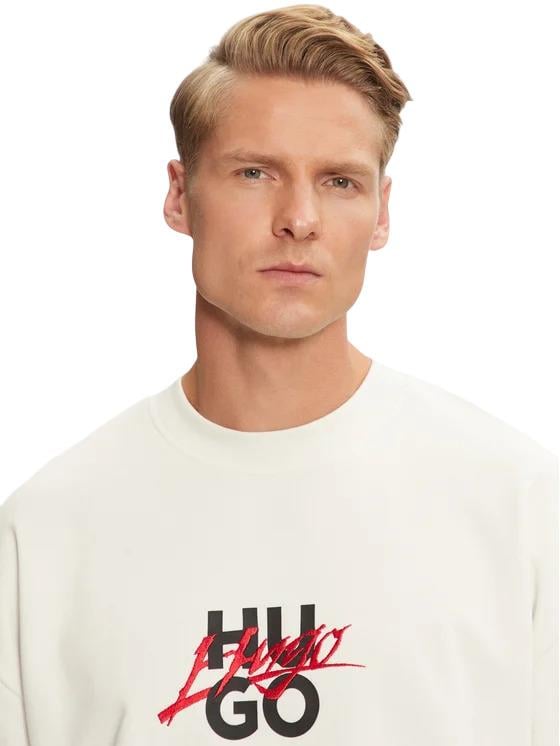 HUGO HUGO Erkek Pamuklu Uzun Kollu Çift Logolu Beyaz Sweatshirt 50521081-101