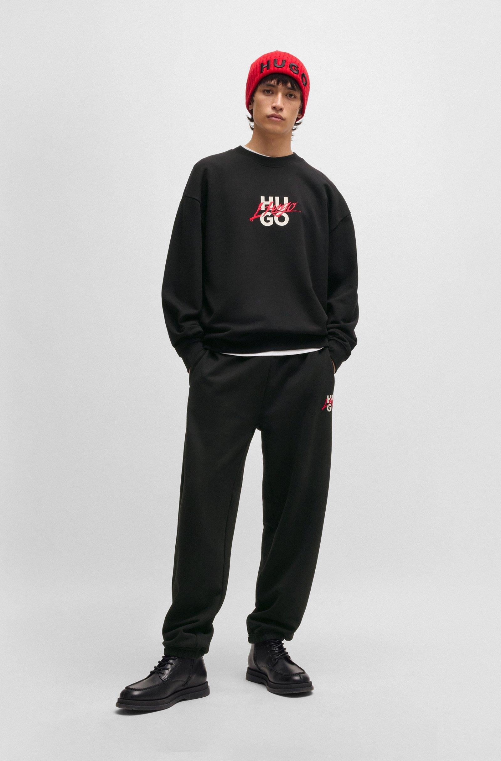 HUGO HUGO Erkek Pamuklu Uzun Kollu Çift Logolu Siyah Sweatshirt 50521081-001