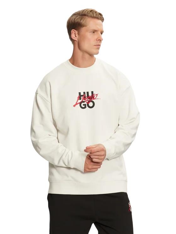 HUGO HUGO Erkek Pamuklu Uzun Kollu Çift Logolu Beyaz Sweatshirt 50521081-101