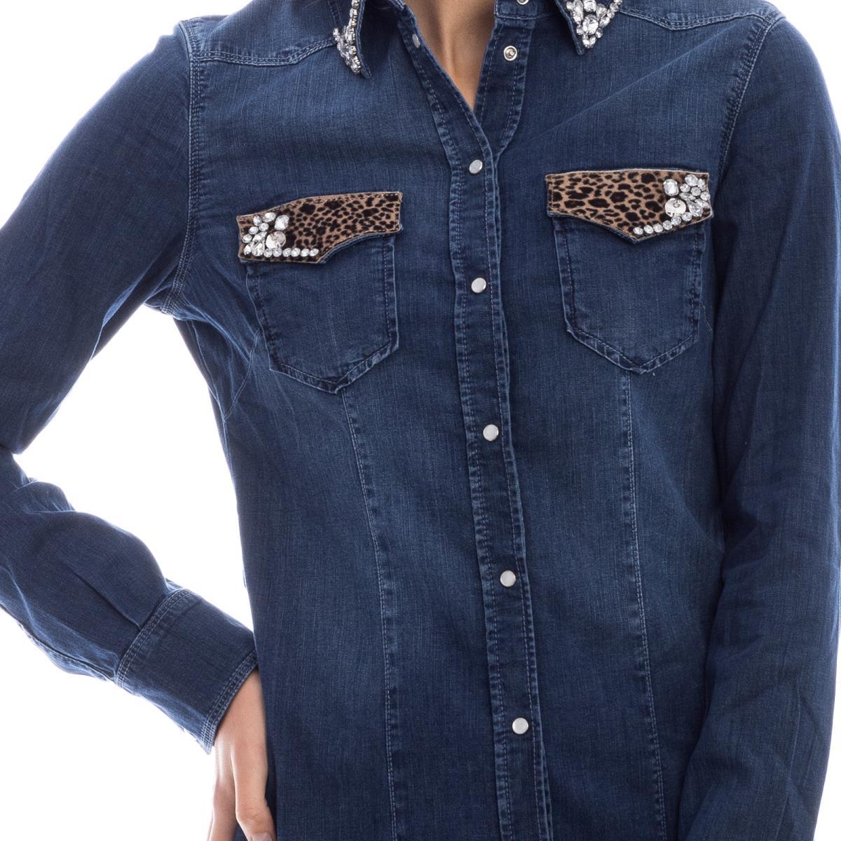Liu Jo Lıu Jo Kadın Denim Kumaş Gömlek Yakalı Cep Detaylı Lacivert Gömlek UF0048D4051-917