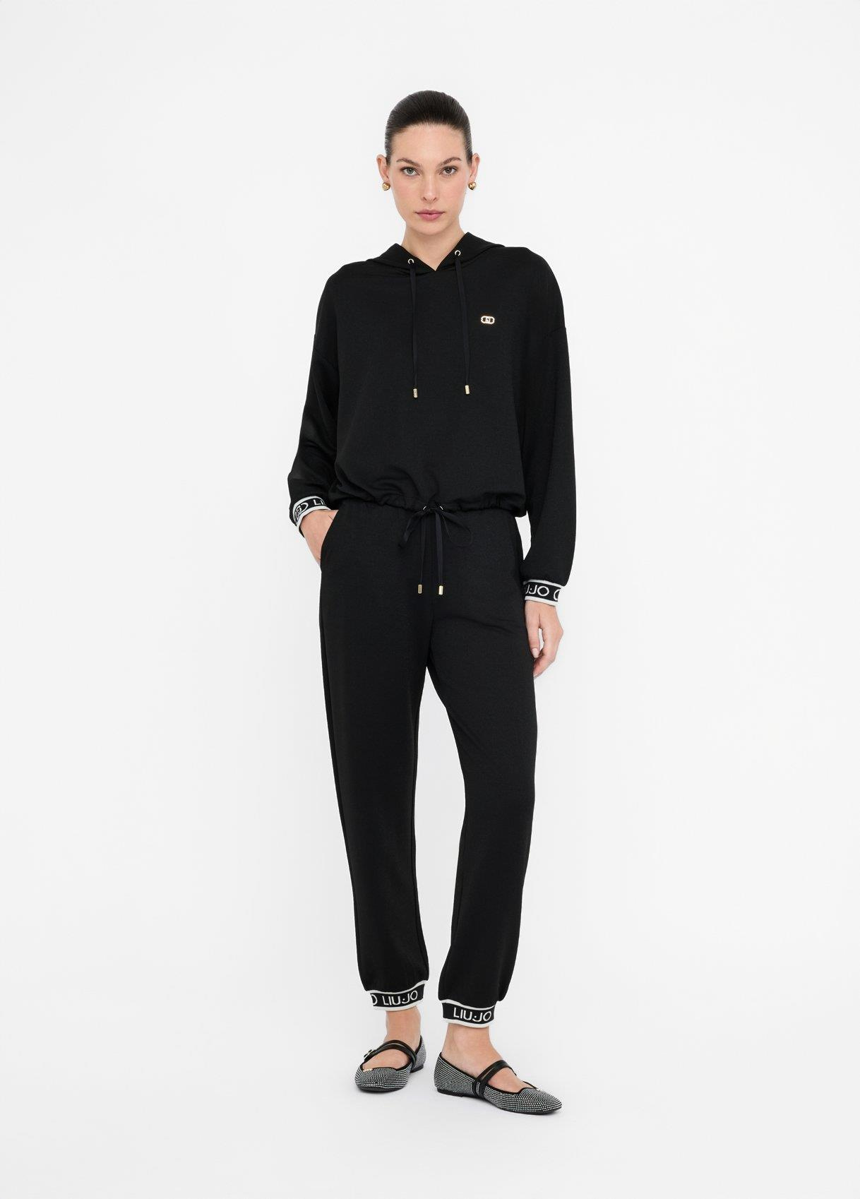 LIU JO Lıu Jo Kadın Düşük Omuzlu Normal Kalıp Beli İp Bağlamalı Kapüşonlu Uzun Kollu Siyah Sweatshirt TF5285J4747-R9342