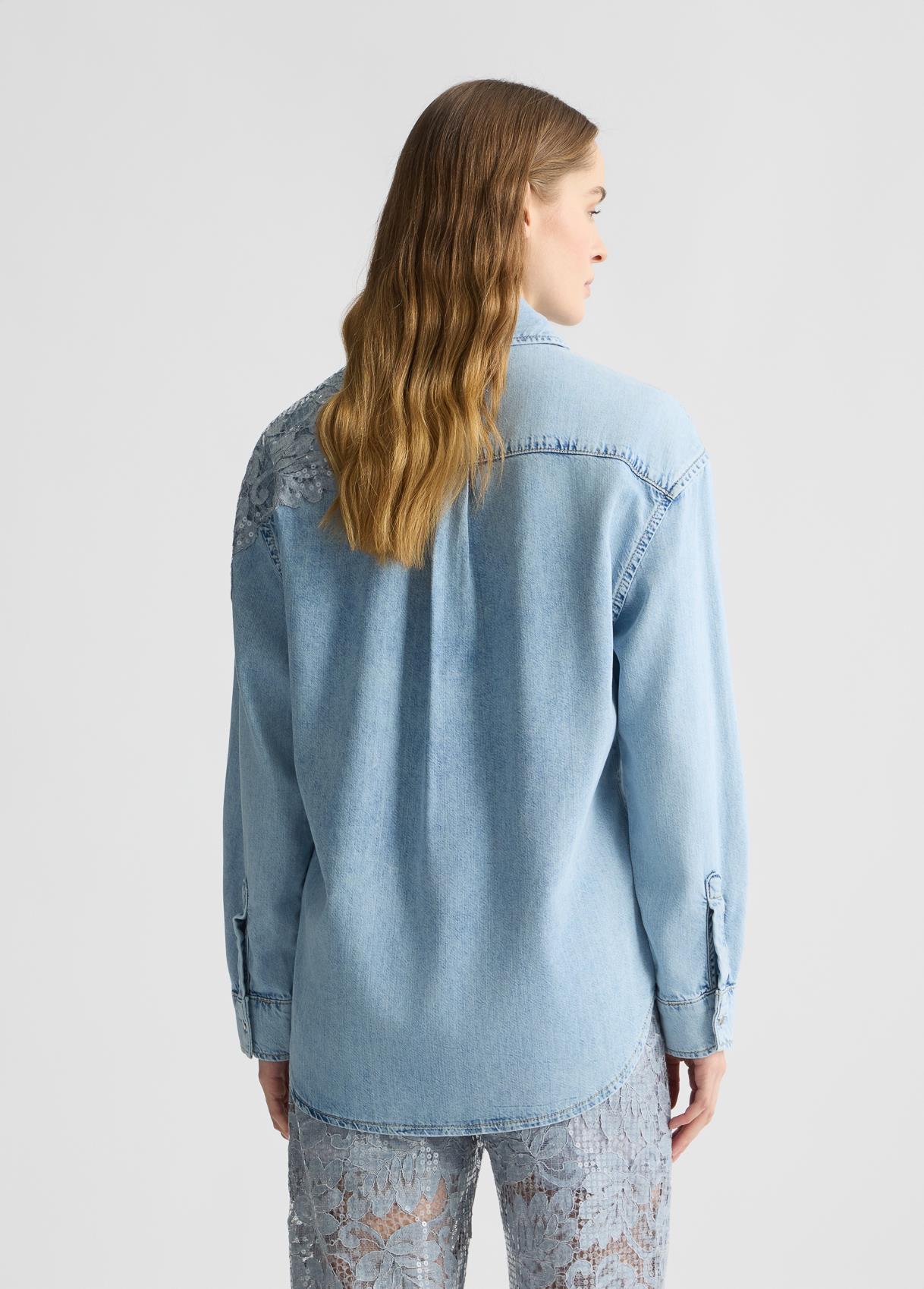 LIU JO Lıu Jo Kadın Gömlek Yaka Omuz Kısmı Taş İşlemeli Uzun Kol Denim Kumaş Lacivert Gömlek UA5128D4851-78826