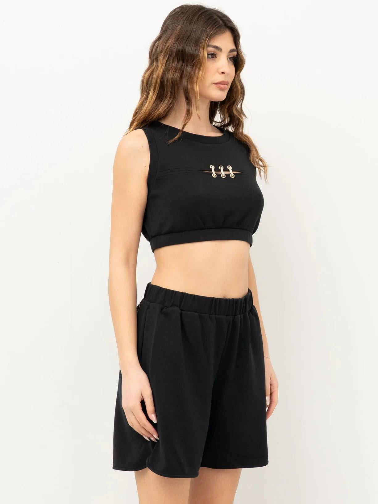 LIU JO Lıu Jo Kadın Kısa Kollu Crop Boy Yuvarlak Yaka Üçlü İp Geçme Detay Siyah Bluz TA5270J4869-22222