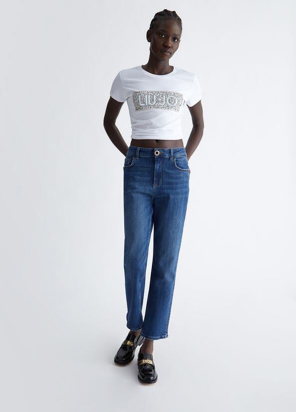Liu Jo Lıu Jo Kadın Marka Logo Detaylı Kısa Kollu Yuvarlak Yakalı Beyaz T-Shirt WF3085J6308-Q9662