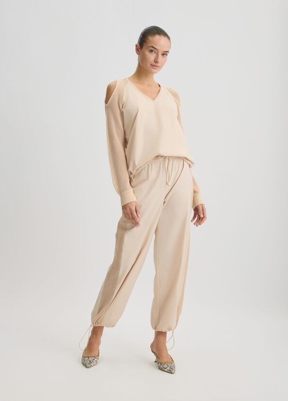 LIU JO Lıu Jo Kadın Normal Kalıp Beli Lastikli V Yaka Omzu Açık Kolları Tül Detaylı Bej Sweatshirt TA5070T2900-41209