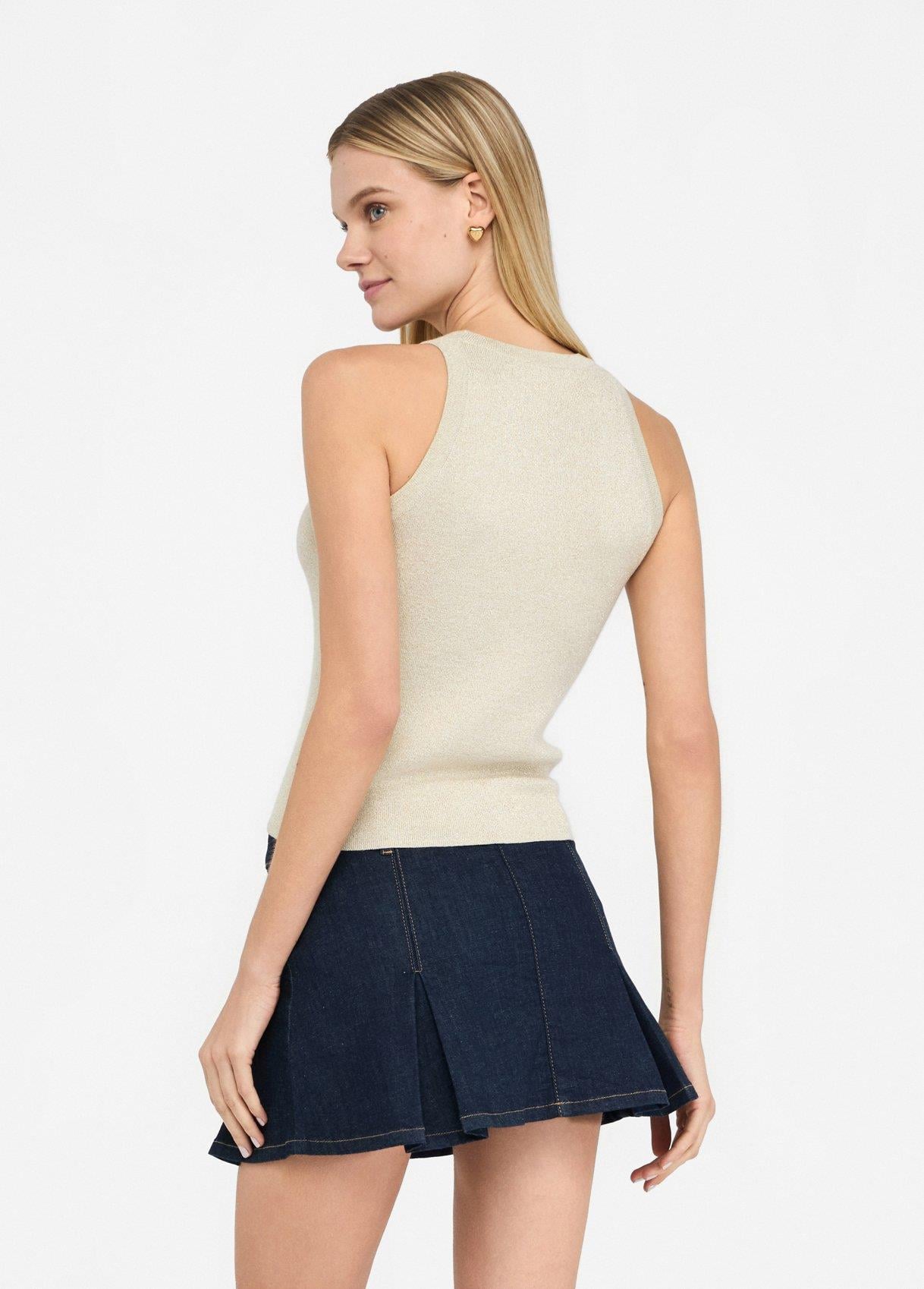 LIU JO Lıu Jo Kadın Slim Fit Yuvarlak Yakalı Kolsuz Örme Bej Bluz UF5277MA76Q-04120