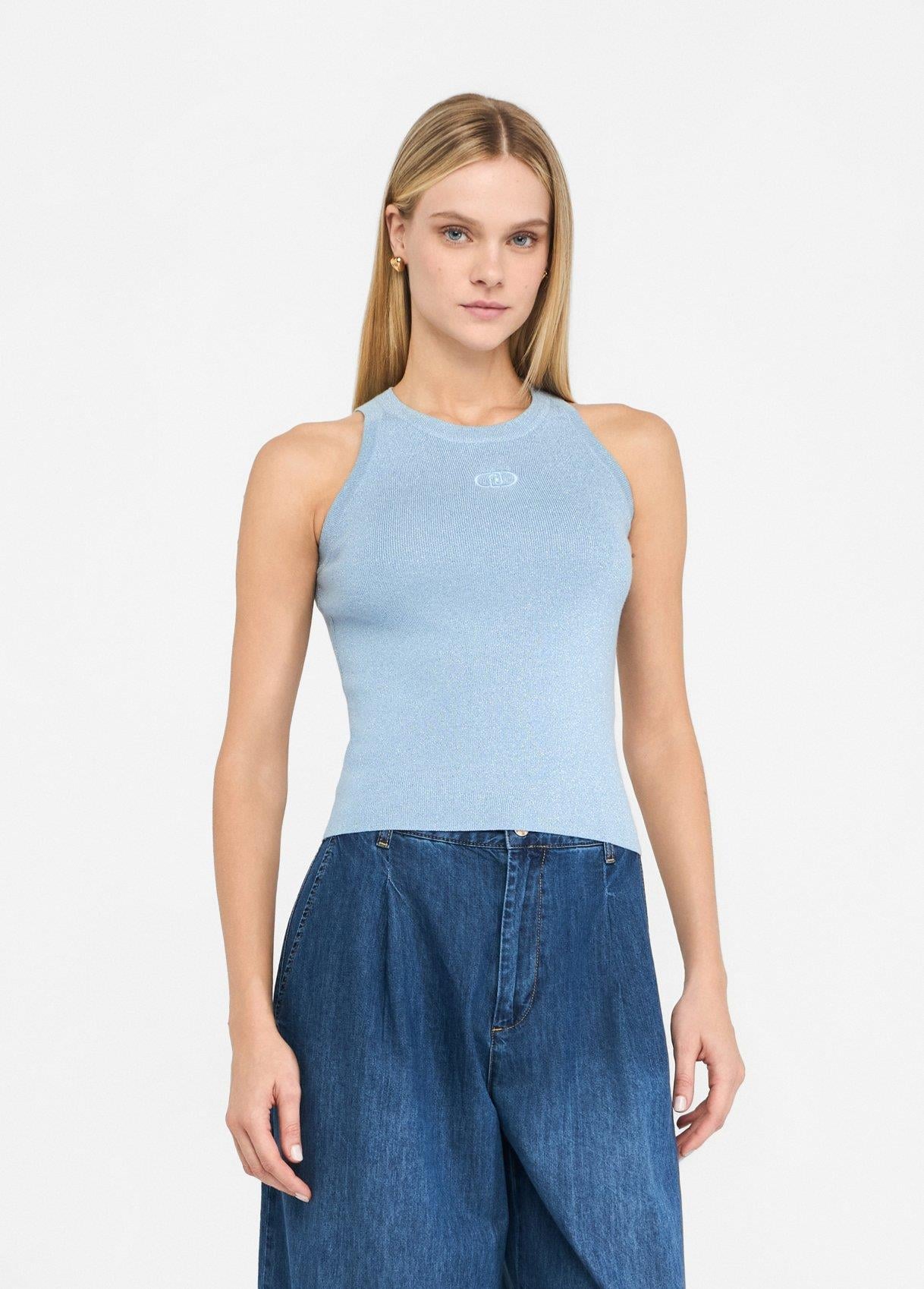 LIU JO Lıu Jo Kadın Slim Fit Yuvarlak Yakalı Kolsuz Örme Mavi Bluz UF5277MA76Q-A4075
