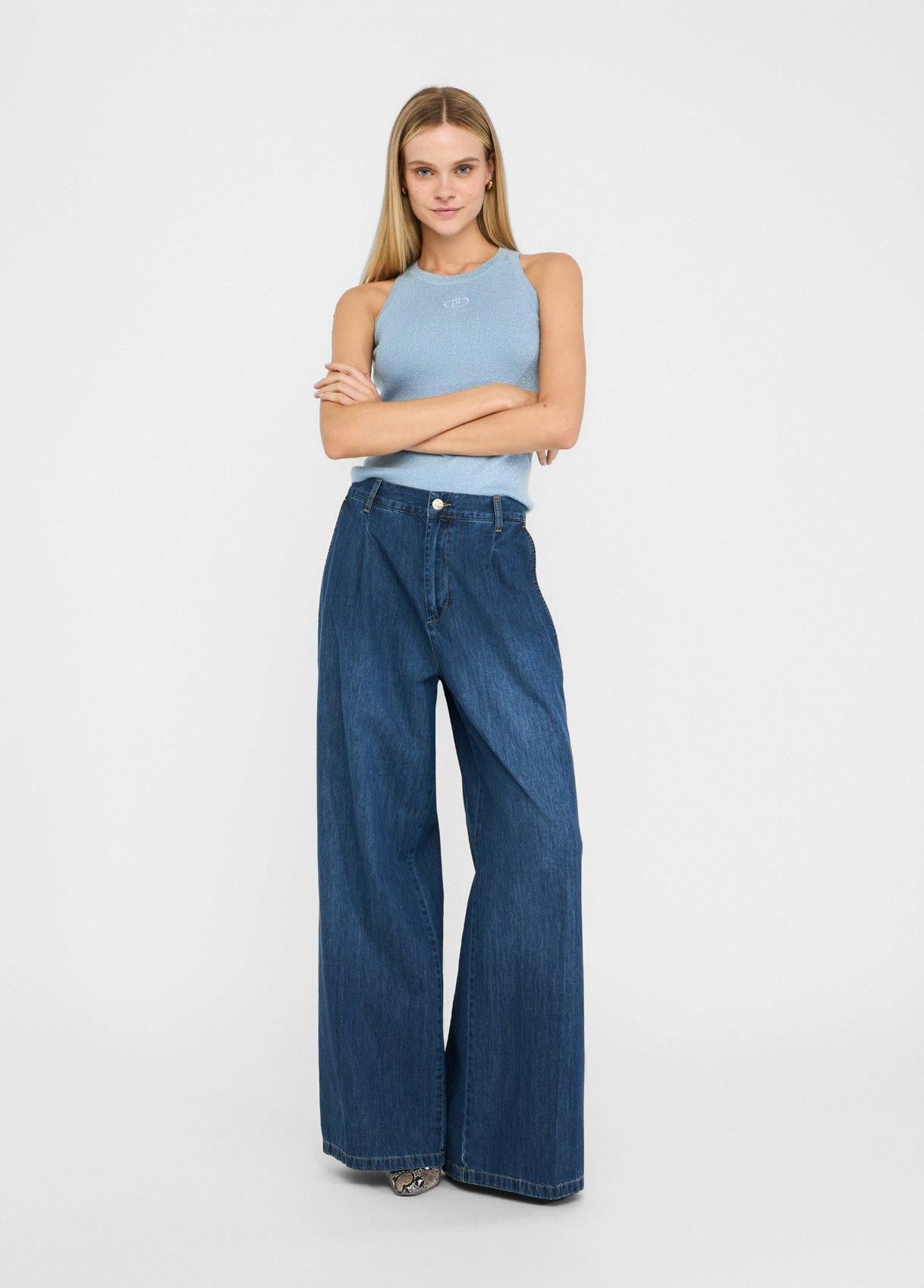 LIU JO Lıu Jo Kadın Slim Fit Yuvarlak Yakalı Kolsuz Örme Mavi Bluz UF5277MA76Q-A4075