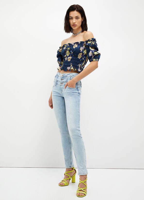 Liu Jo Lıu Jo Kadın Straplez Yaka Kısa Kollu Çiçekli Lacivert Bluz UA3156D4809-78413