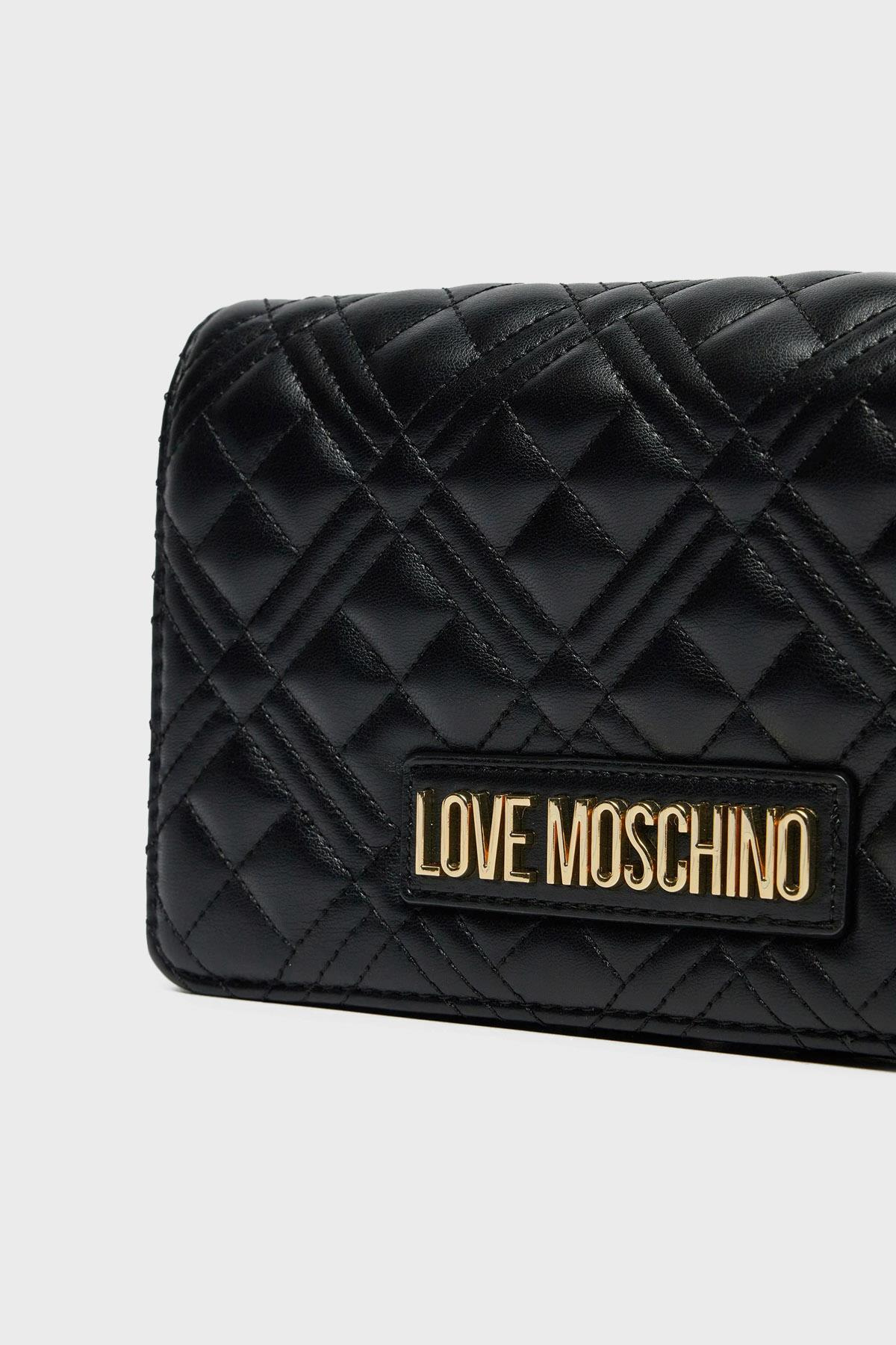 Love Moschino Love Moschino Kadın Dikiş Detaylı Zincir Omuz Askılı Gold Logolu Deri Siyah Omuz Çantası JC4079PP1MLA0-000