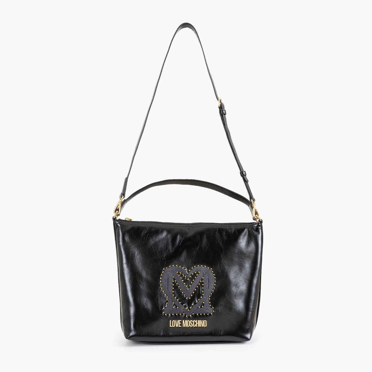 Love Moschino Love Moschino Kadın Logolu Deri Fermuarlı Günlük Kullanım Siyah Omuz Çantası JC4384PP0NKT0-000