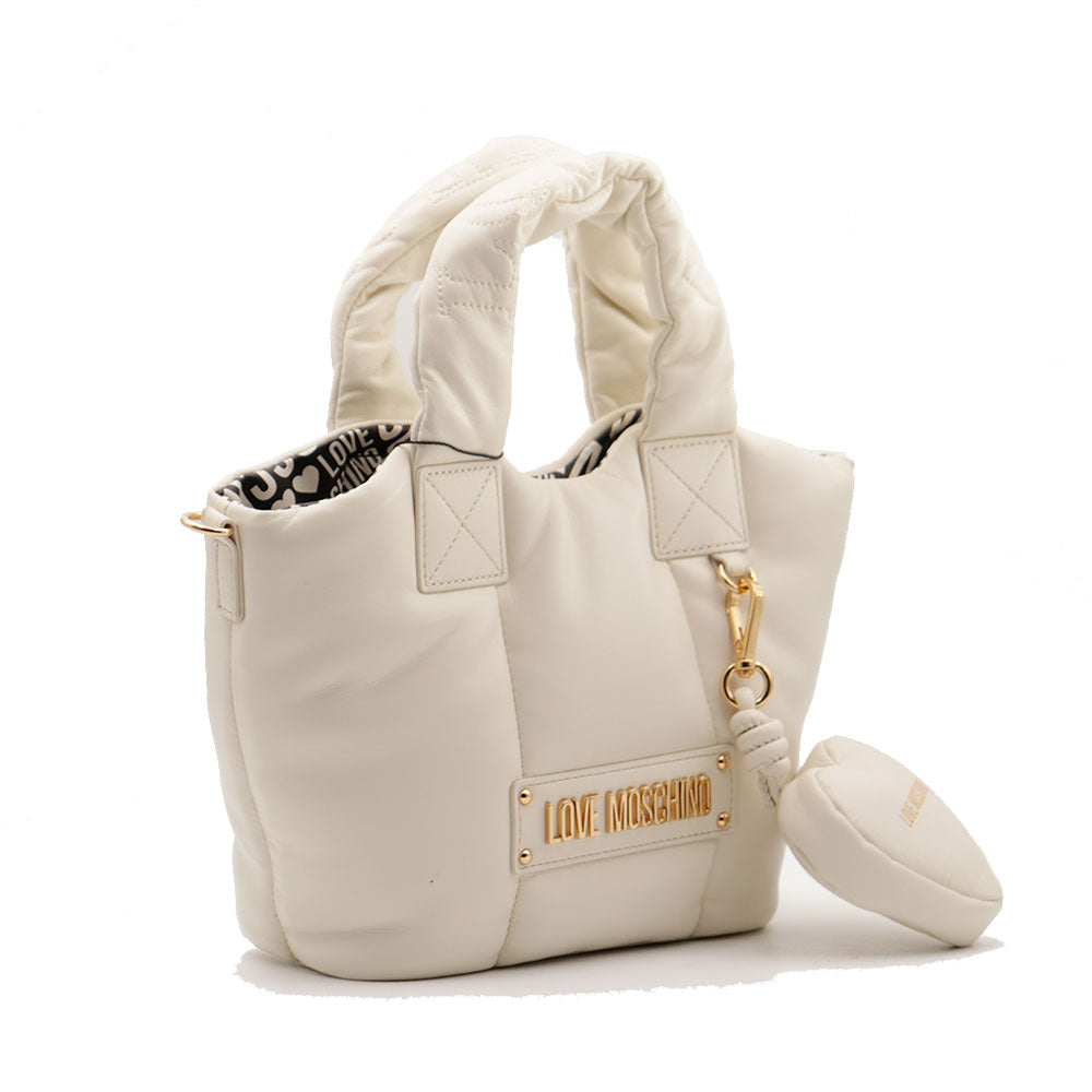 Love Moschino Love Moschino Kadın Örme Dokuma Ve Deri Karışık Desen Metal Logo Geniş Ekru Omuz Çantası JC4322PP0NKM1-11A