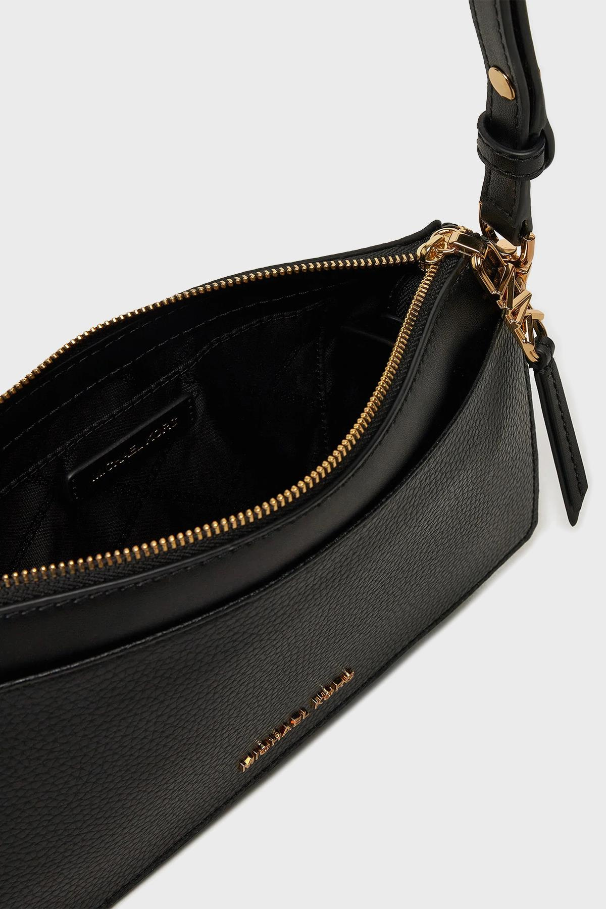 Michael Kors Michael Kors Kadın Deri MK Yazı Tokalı Fermuar Kapama Siyah Omuz Çantası 32H3G8EC7L-BLACK