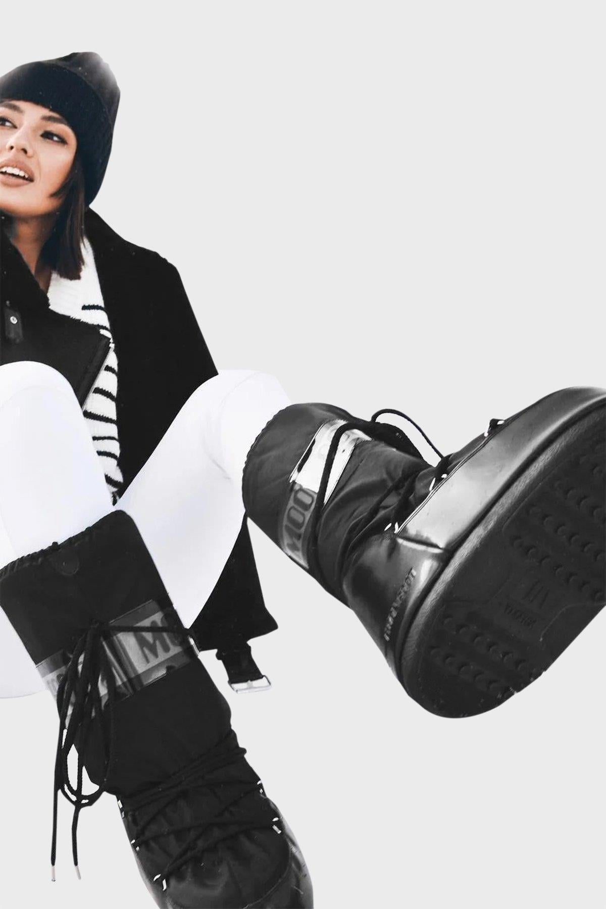 Moon Boot Moon Boot Kadın Parlak Logo Desenli Su İtici Kaydırmaz Tabanlı Uzun Kar Siyah Bot & Bootie 80D1401680-N001
