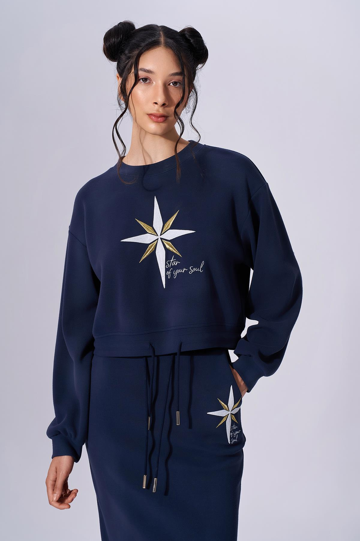 Naar Naar Kadın Pamuklu Baskılı Uzun Kollu Günlük Kullanım Lacivert Sweatshirt NAAR91305-LACİVERT