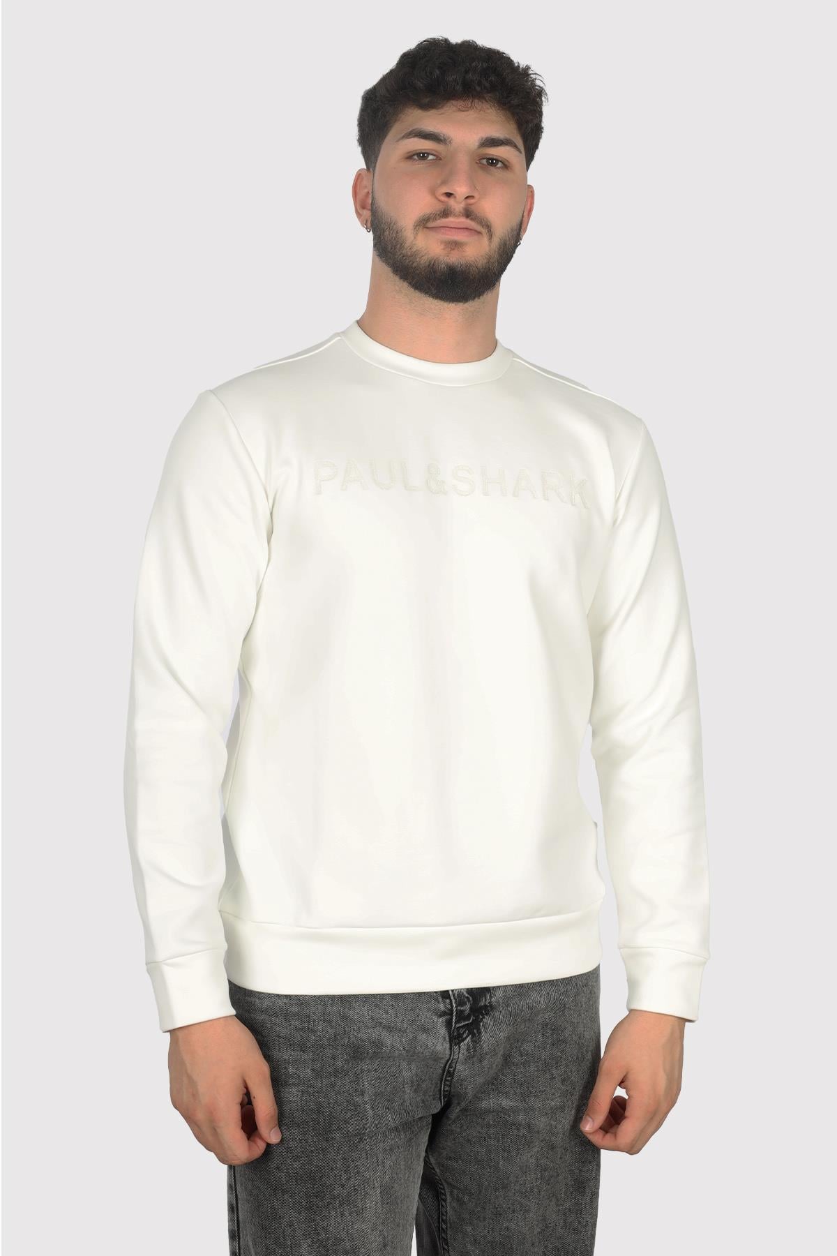 Paul Shark Paul Shark Erkek Marka Logolu Uzun Kollu Rahat Beyaz Sweatshirt 14311842-469