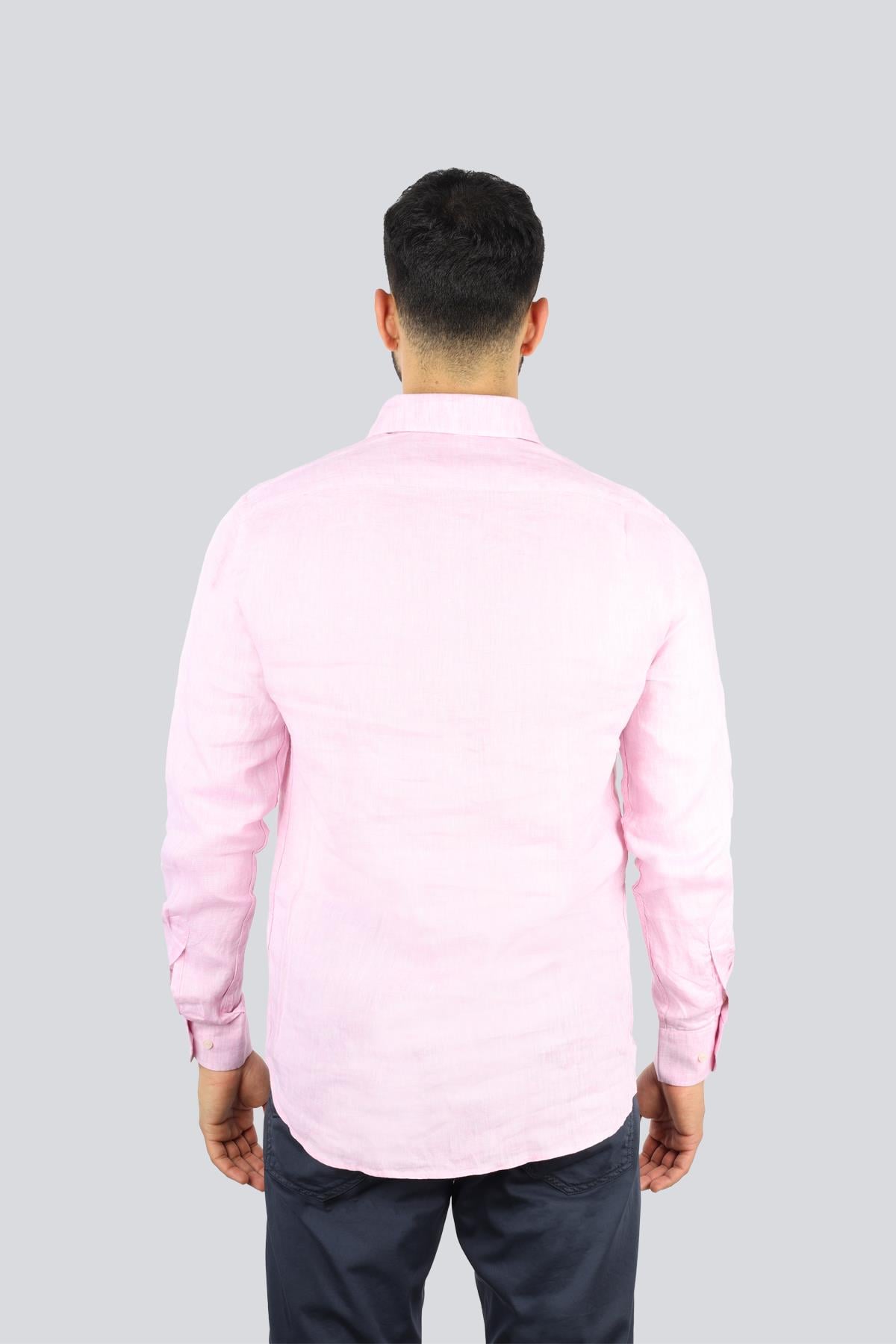 Paul Shark Paul Shark Erkek Normal Kalıp %100 Keten Düz Uzun Kollu Pembe Gömlek 25413006CF-133