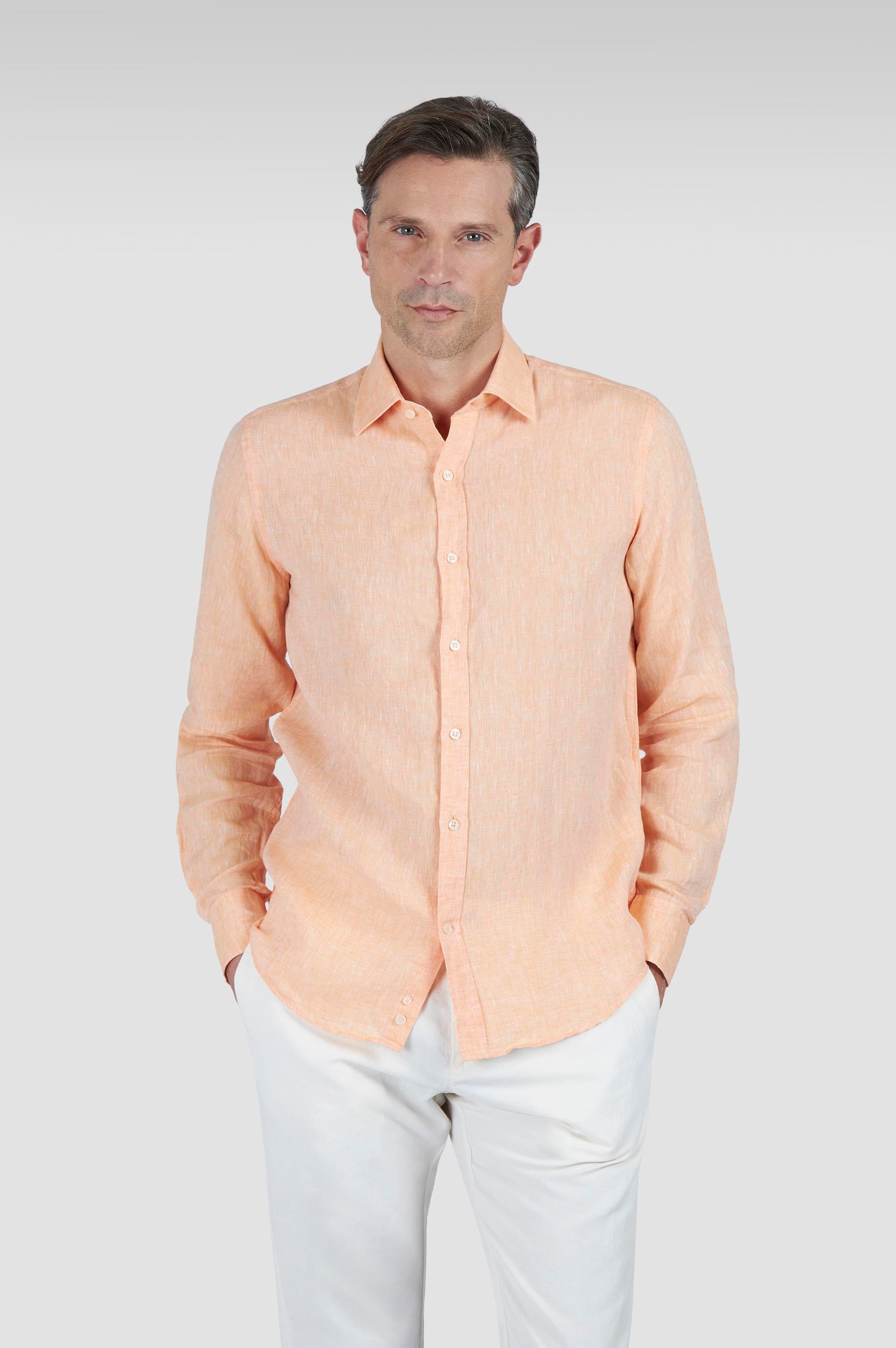 Paul Shark Paul Shark Erkek Normal Kalıp %100 Keten Düz Uzun Kollu Turuncu Gömlek 25413006CF-576