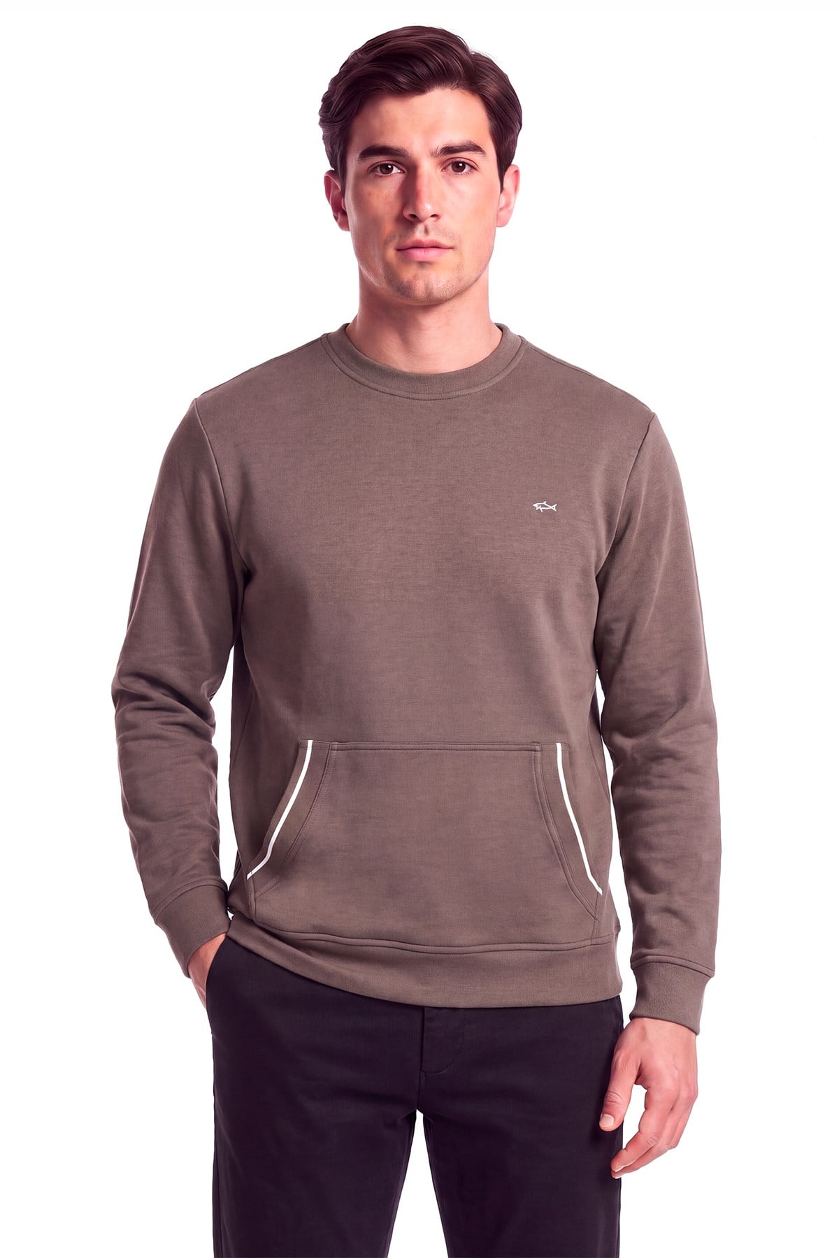 Paul Shark Paul Shark Erkek Normal Kalıp Pamuklu Metalik Logo Detaylı Kısa Kollu Kahverengi Sweatshirt 16311843-365