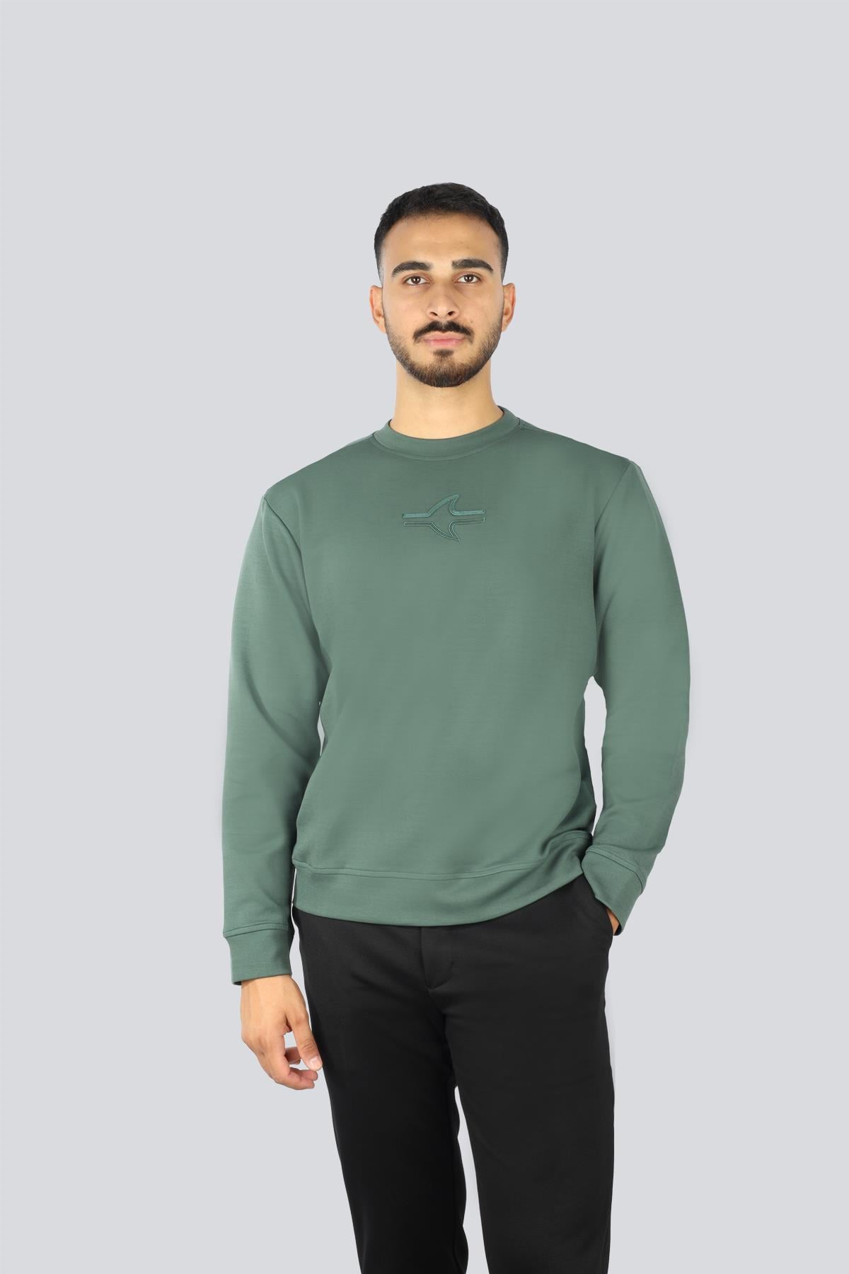 Paul Shark Paul Shark Erkek Normal Kalıp Yuvarlak Yakalı Shark Logo İşlemeli Uzun Kollu Yeşil Sweatshirt 15311865-513