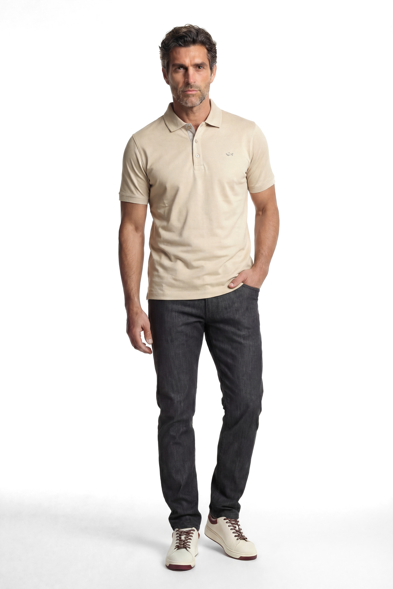 Paul Shark Paul Shark Erkek Normal Kesim Metalik Logo Detaylı Pamuklu Kısa Kollu Bej Polo Yaka T-Shirt 26411232SM-348