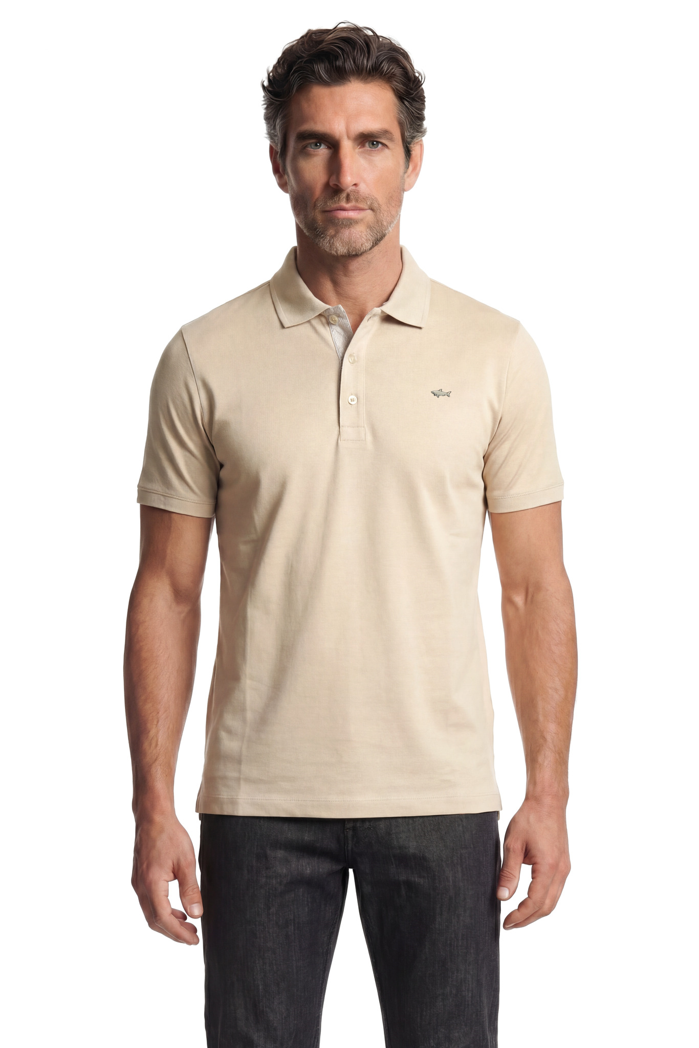 Paul Shark Paul Shark Erkek Normal Kesim Metalik Logo Detaylı Pamuklu Kısa Kollu Bej Polo Yaka T-Shirt 26411232SM-348