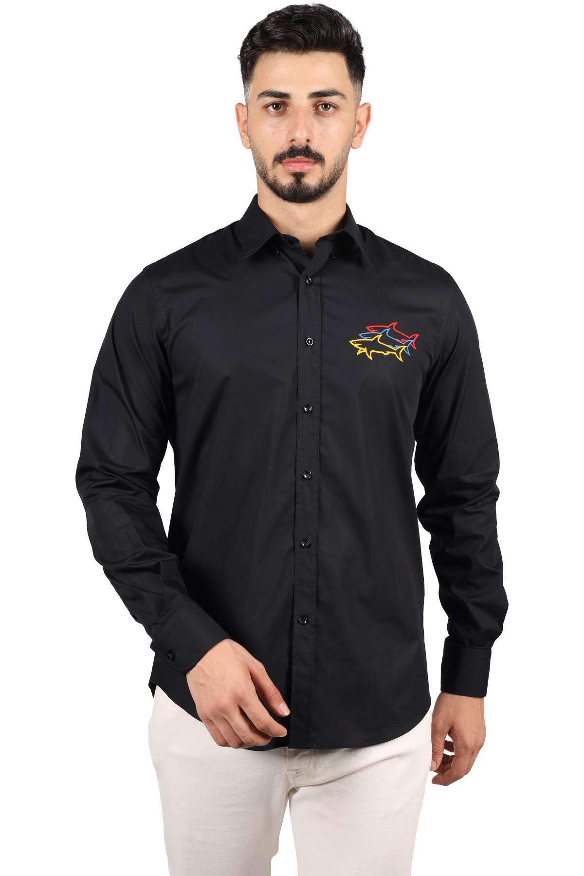Paul Shark Paul Shark Erkek Pamuklu Regular Fit Düz Uzun Kol Siyah Gömlek 23413302J-011