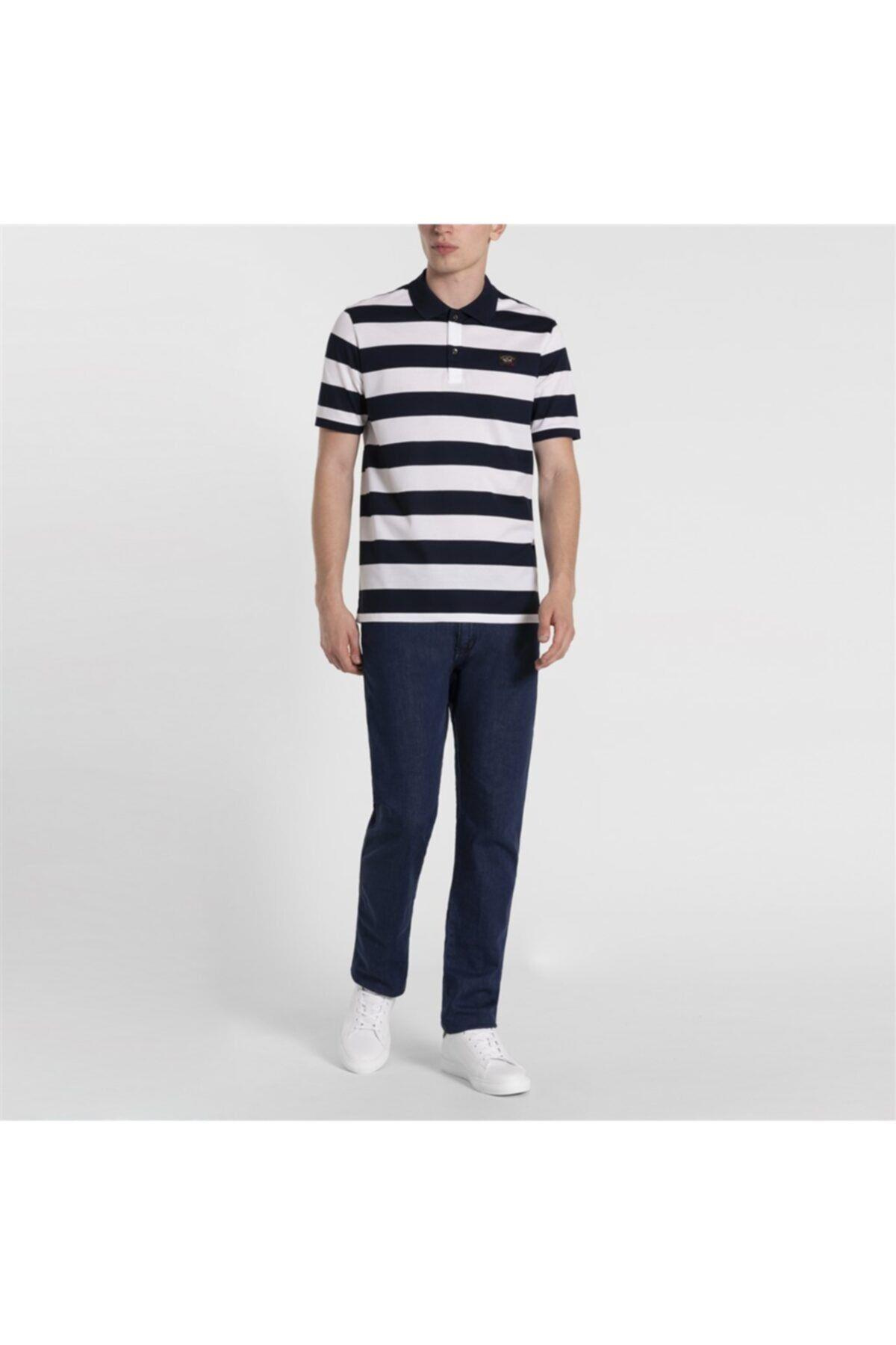 Paul Shark Paul Shark Erkek Polo Yaka Düğme Kapamalı Kısa Kollu Mavi-Beyaz Polo Yaka T-Shirt COP1012-139