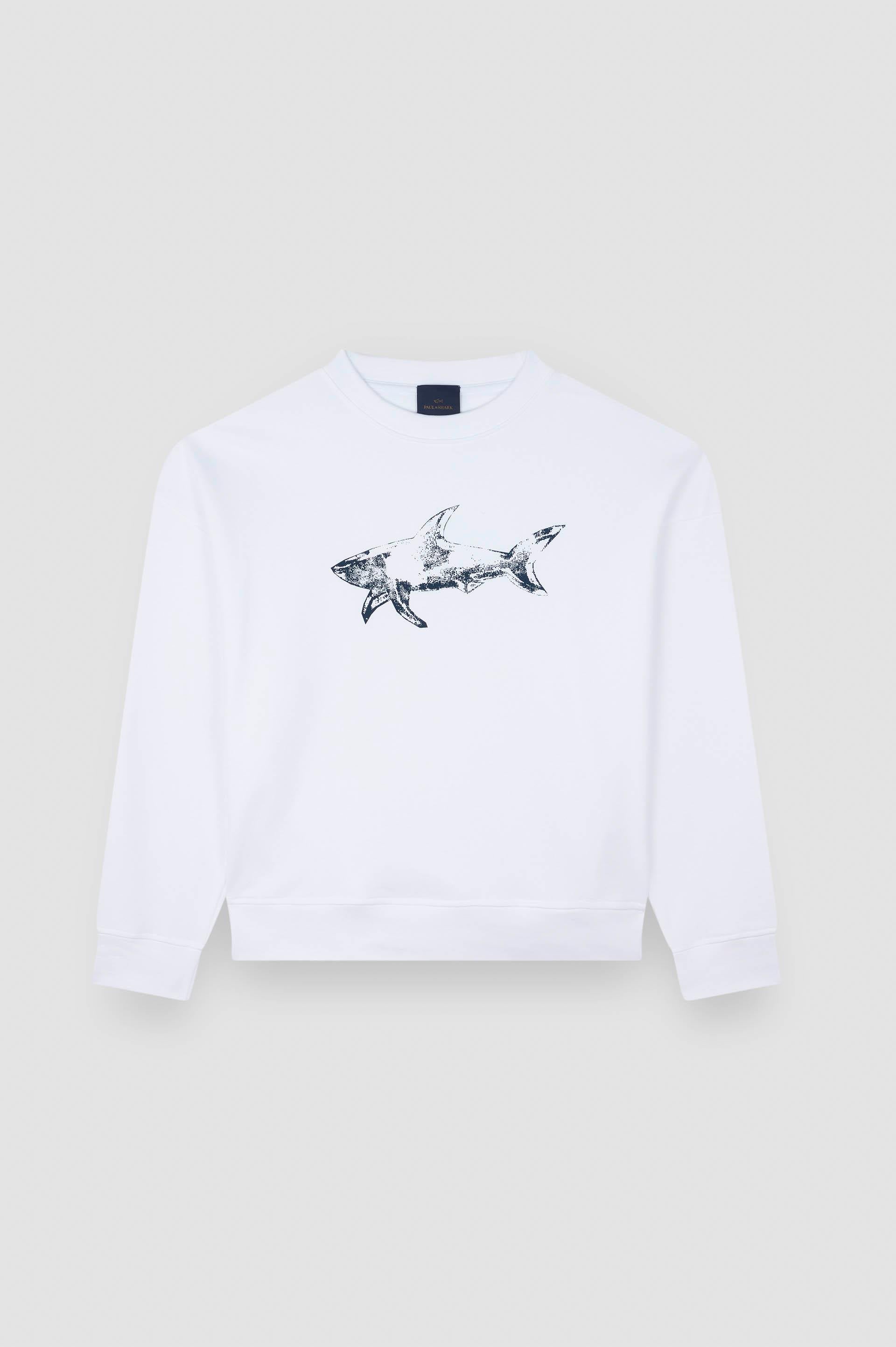 Paul Shark Paul Shark Erkek Rahat Kalıp Büyük Shark Logolu Pamuklu Uzun Kollu Beyaz Sweatshirt 15311848-965