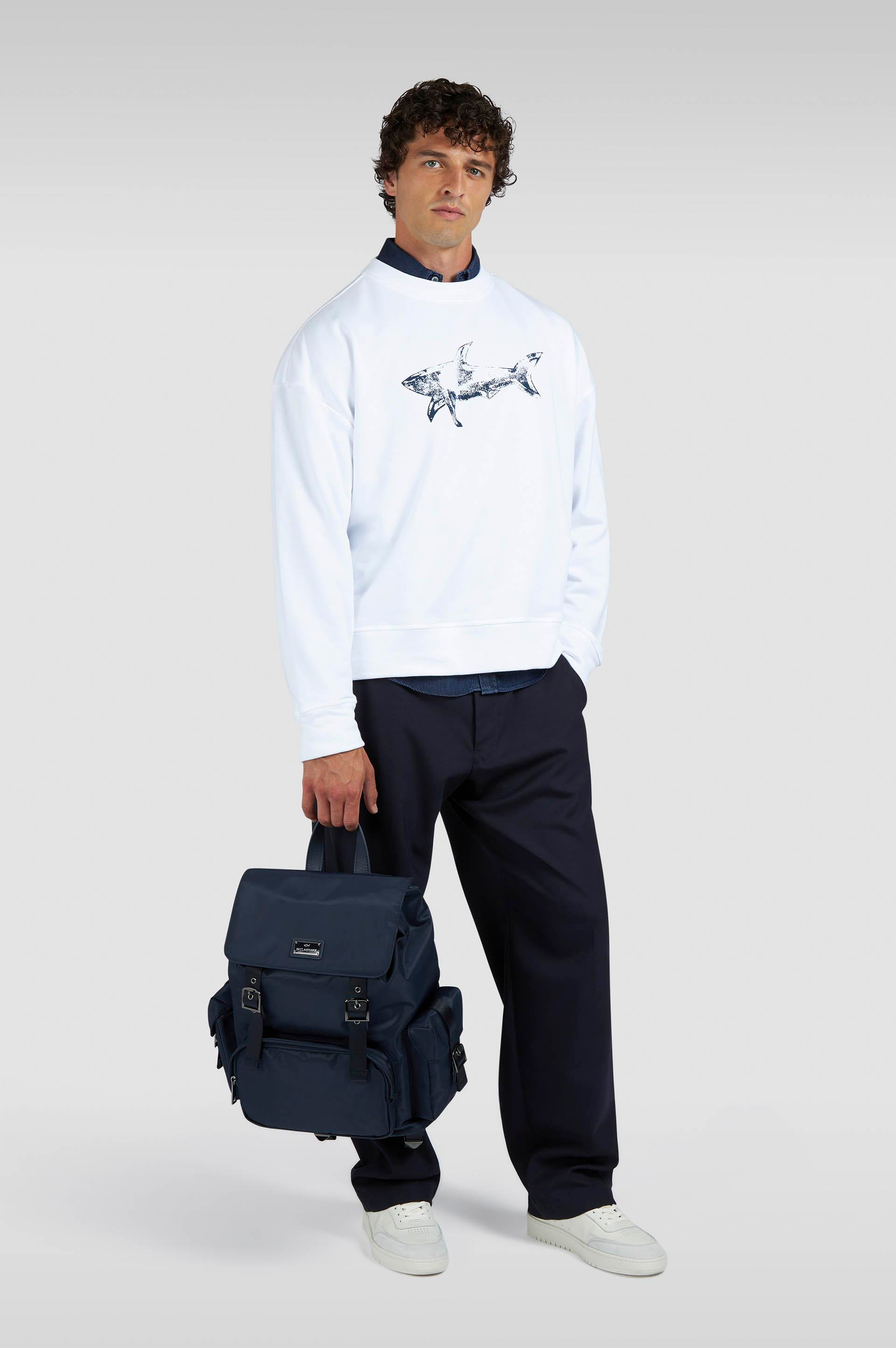 Paul Shark Paul Shark Erkek Rahat Kalıp Büyük Shark Logolu Pamuklu Uzun Kollu Beyaz Sweatshirt 15311848-965