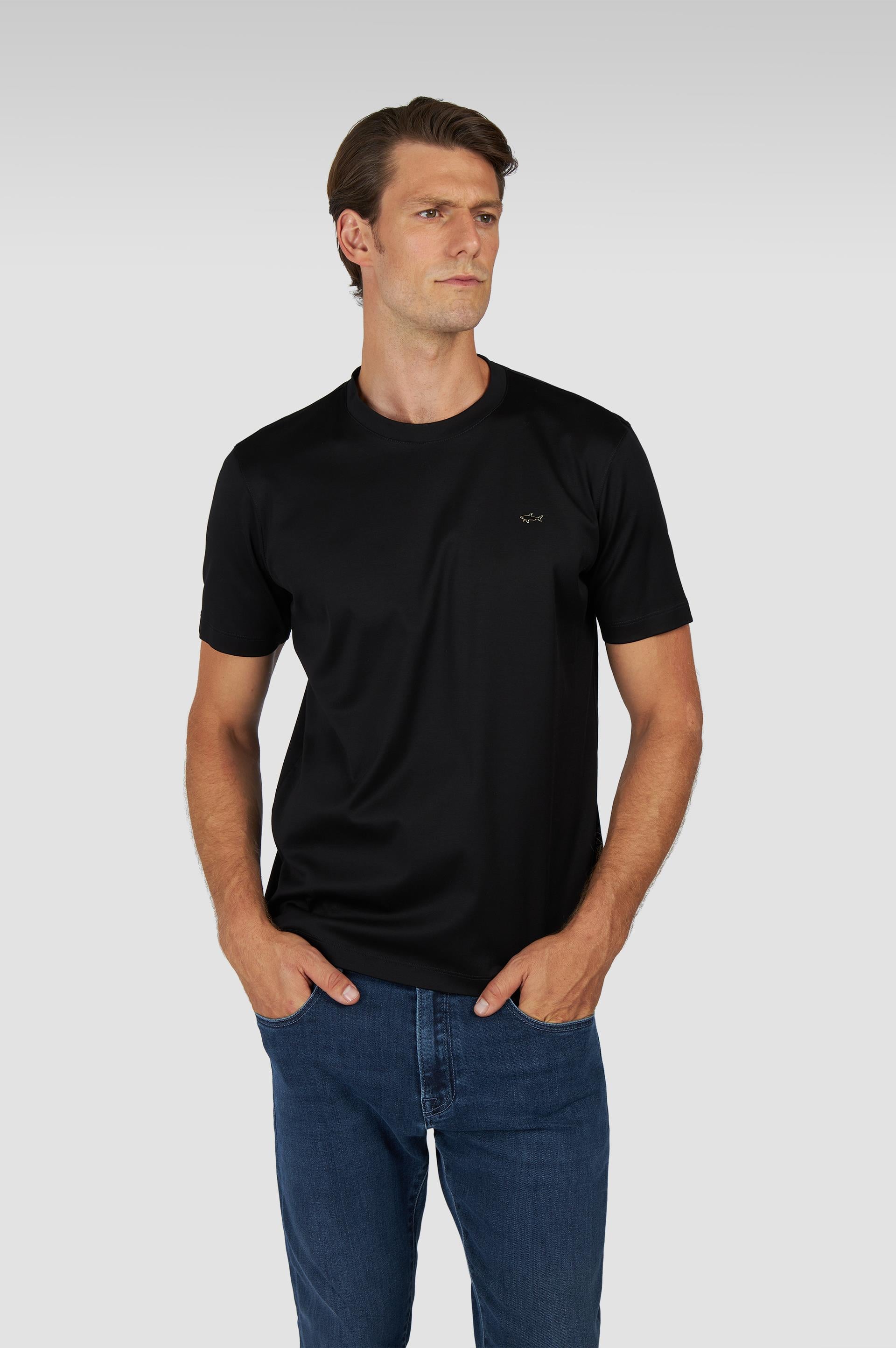 Paul Shark Paul Shark Erkek Regular Fit Yuvarlak Yakalı %100 Pamuklu Shark Logolu Kısa Kollu Siyah-Altın T-Shirt 15311610-11G