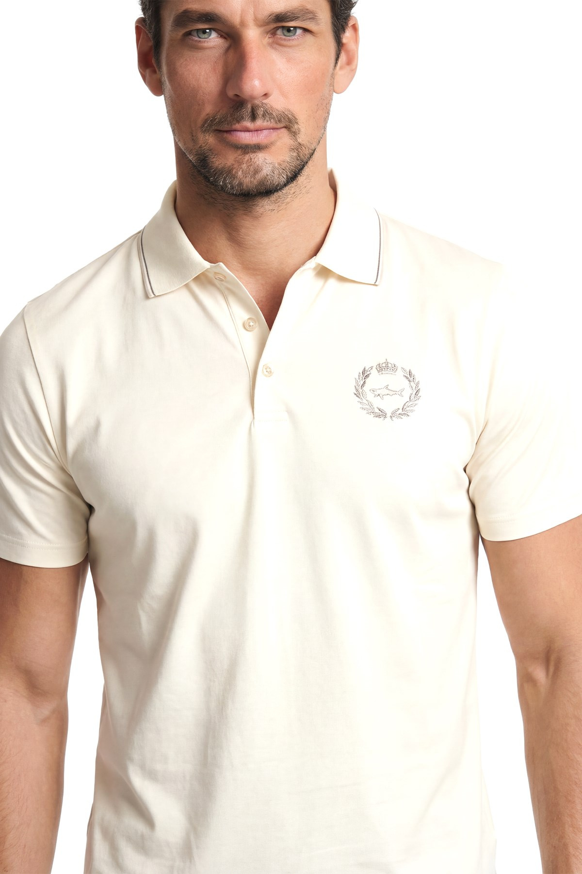Paul Shark Paul Shark Erkek Regular Fit Logo İşlemeli Pamuklu Kısa Kollu Ekru Polo Yaka T-Shirt 26411270-108