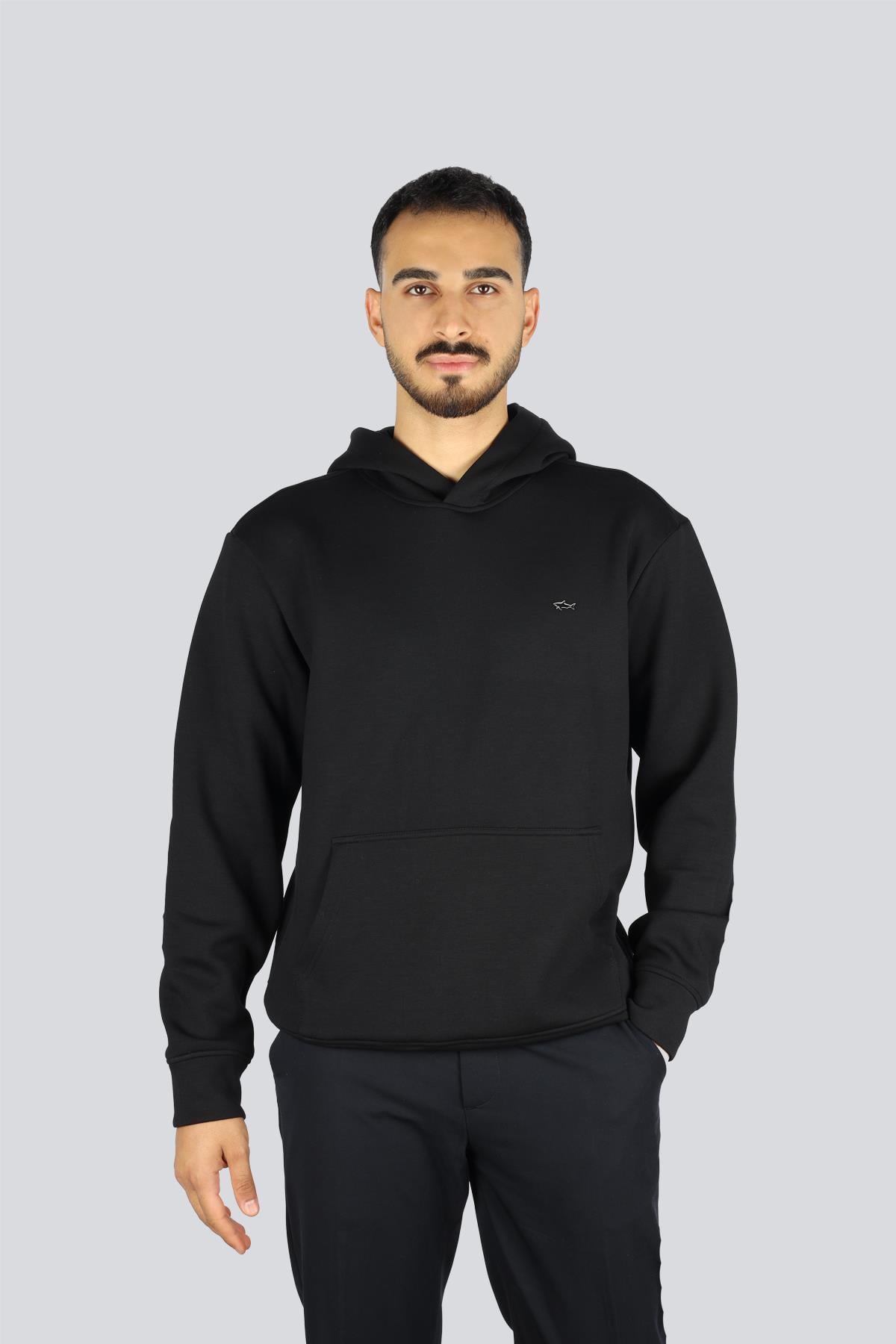 Paul Shark Paul Shark Erkek Regular Fit Kapüşonlu Yaka Shark Logo Detaylı Uzun Kollu Siyah-Gümüş Sweatshirt 15311851-11D