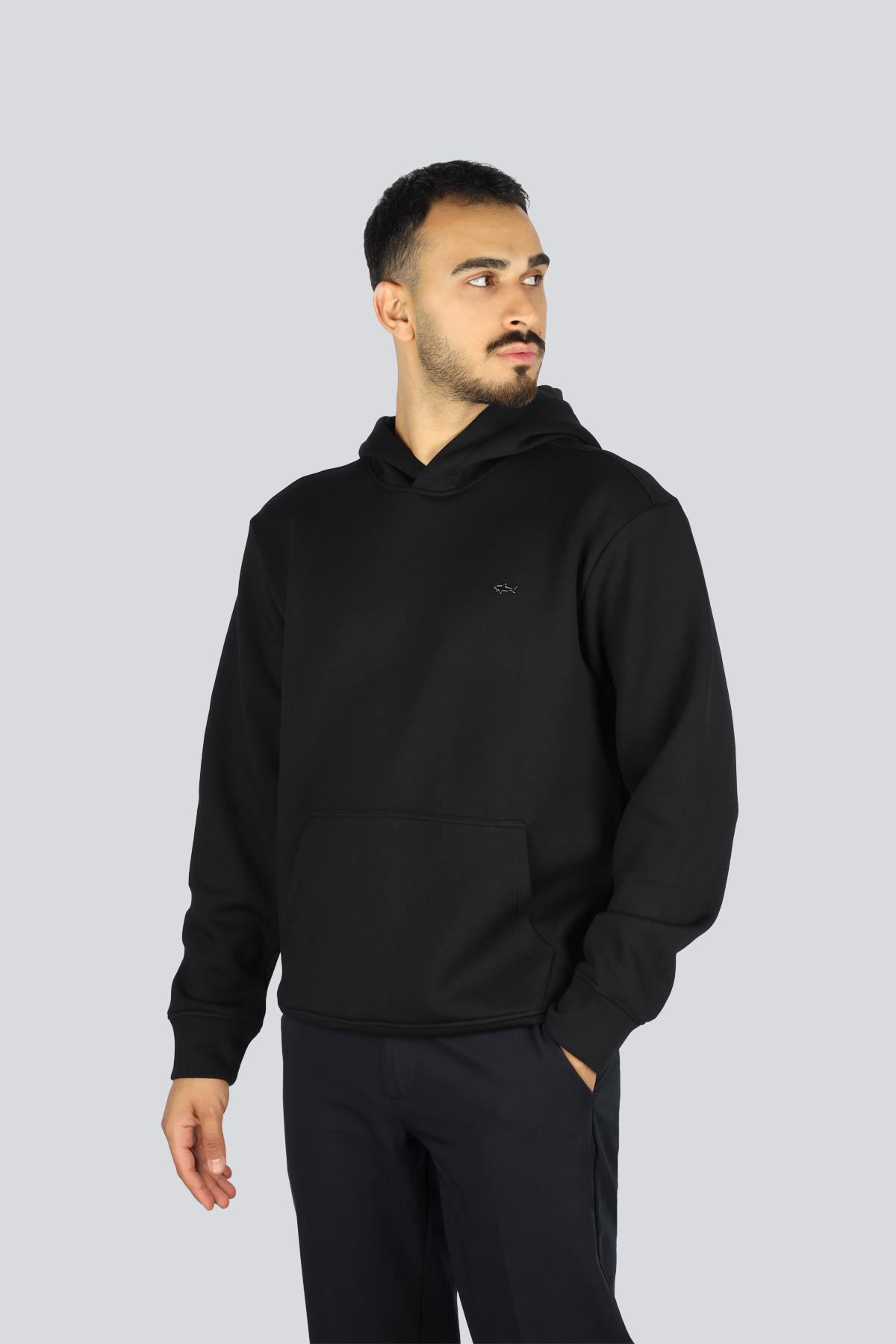 Paul Shark Paul Shark Erkek Regular Fit Kapüşonlu Yaka Shark Logo Detaylı Uzun Kollu Siyah-Gümüş Sweatshirt 15311851-11D