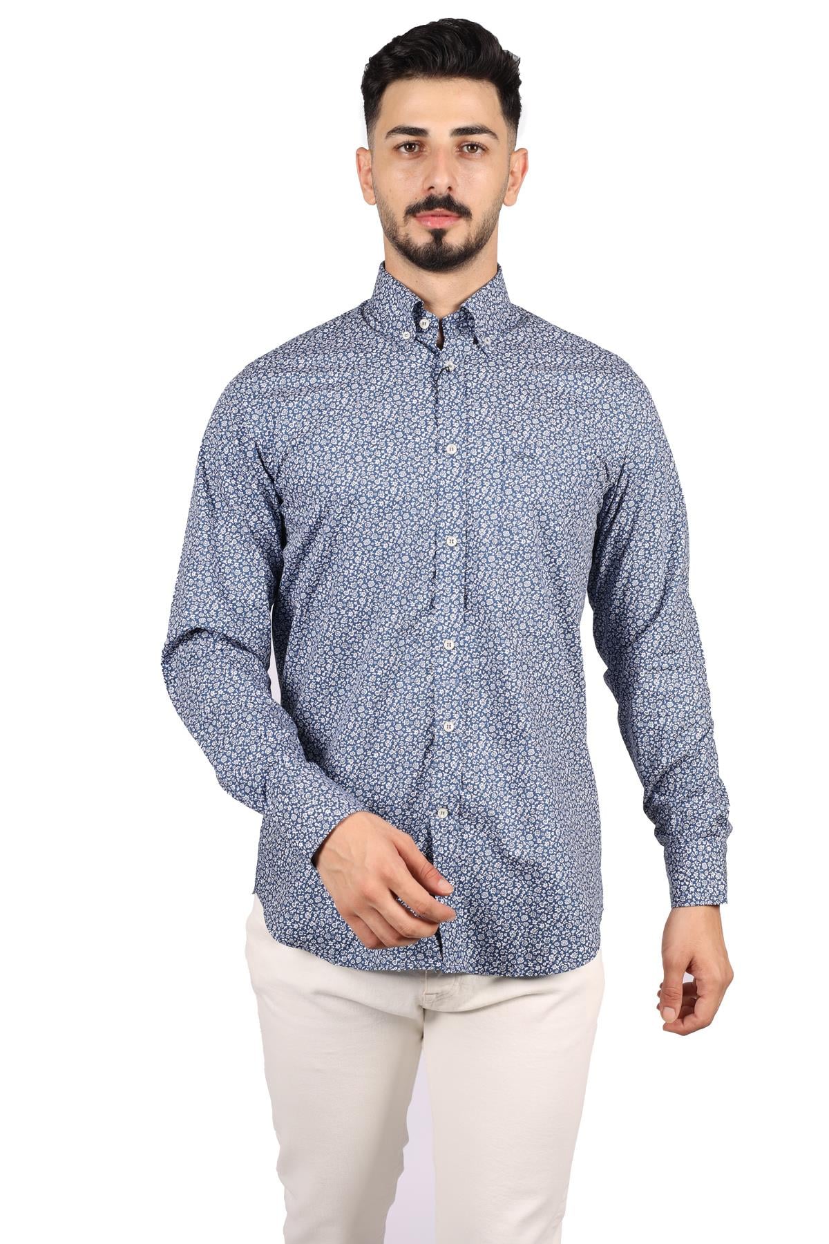 Paul Shark Paul Shark Erkek Regular Fit Desenli Uzun Kol Lacivert-Beyaz Gömlek 21413444-001