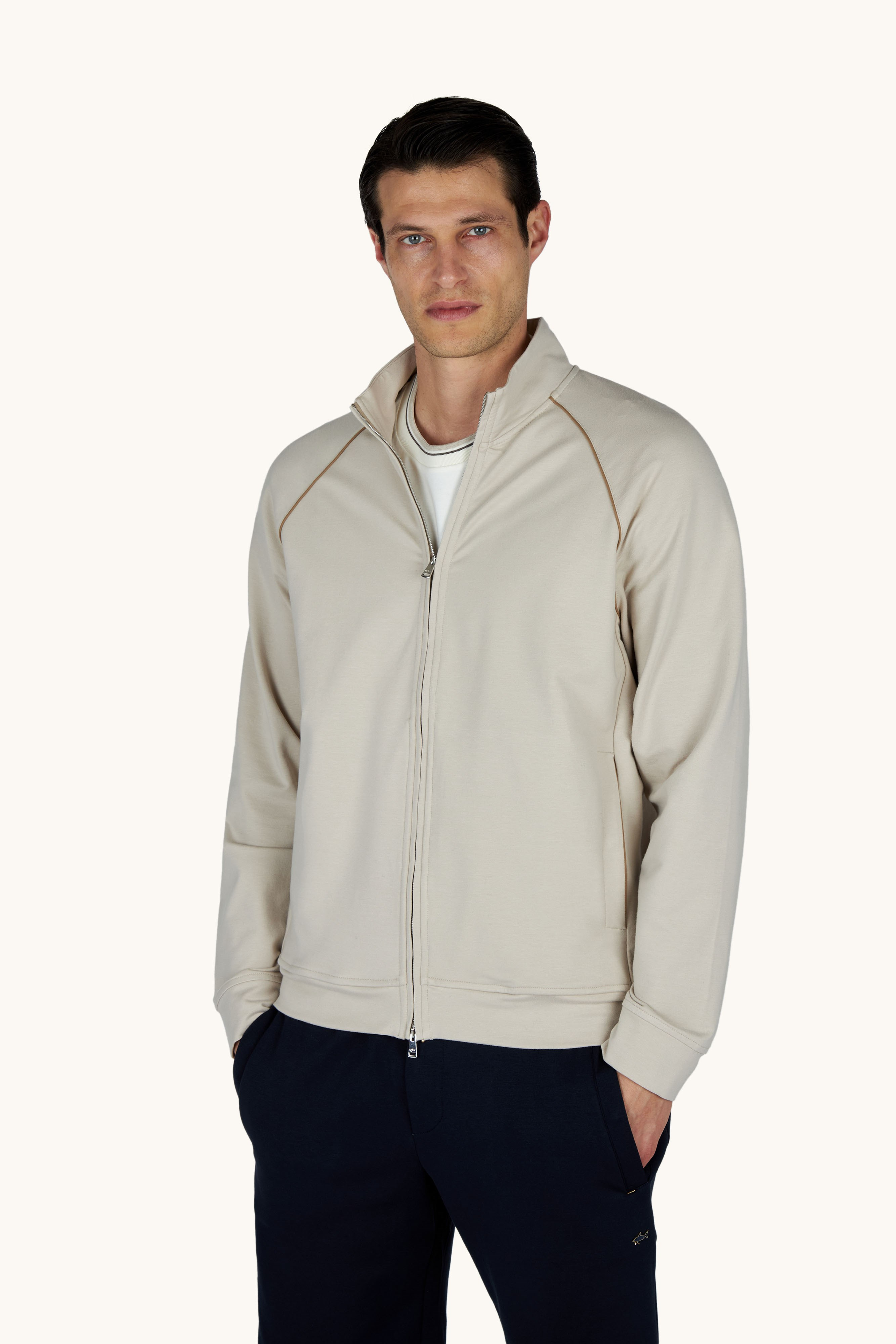 Paul Shark Paul Shark Erkek Regular Fit Fermuar Kapamalı Dik Yaka Uzun Kollu Bej Sweatshirt 26411840-348