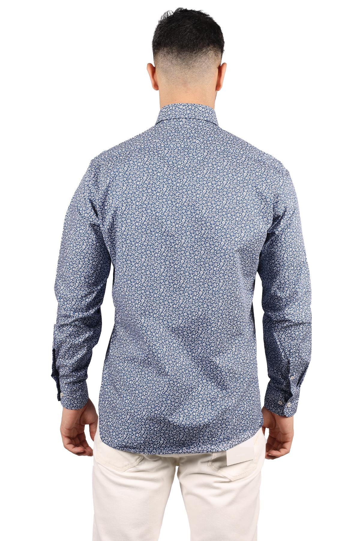 Paul Shark Paul Shark Erkek Regular Fit Desenli Uzun Kol Lacivert-Beyaz Gömlek 21413444-001